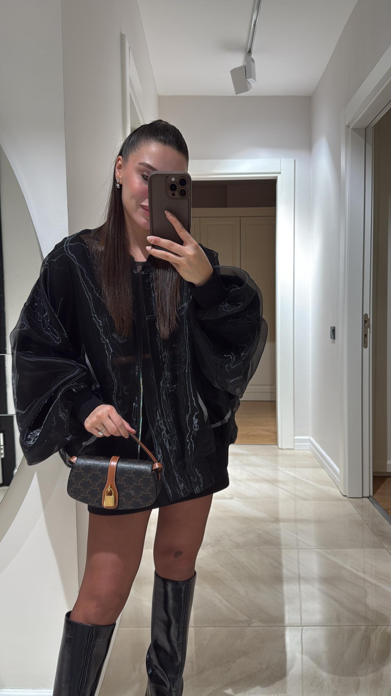 Siyah Cep Detaylı Astarlı Tül Bomber Ceket