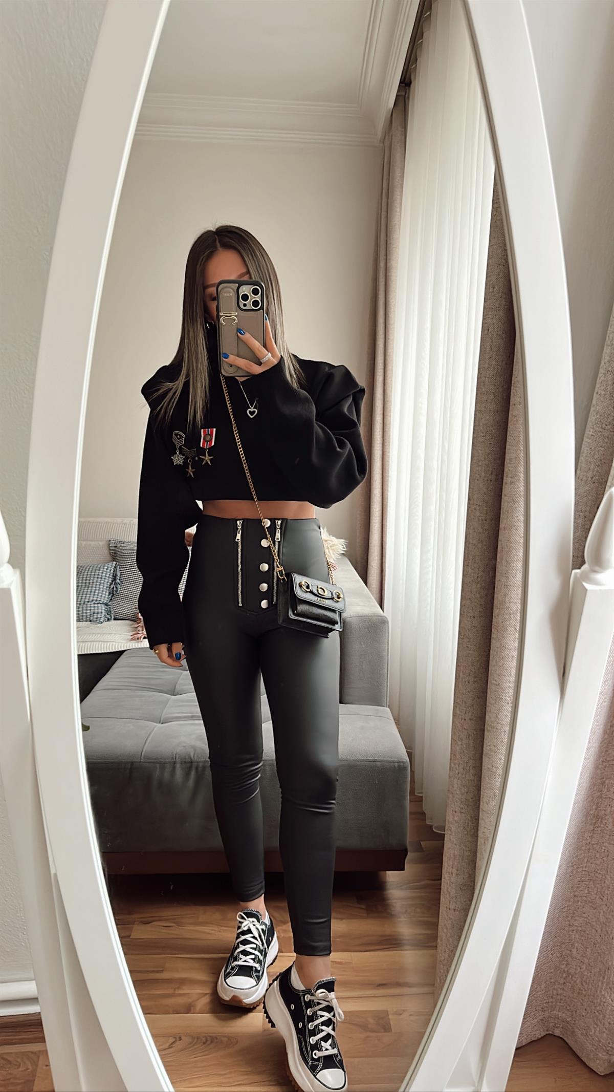 Siyah Çift Fermuarlı Düğme Detaylı Mat Deri Tayt