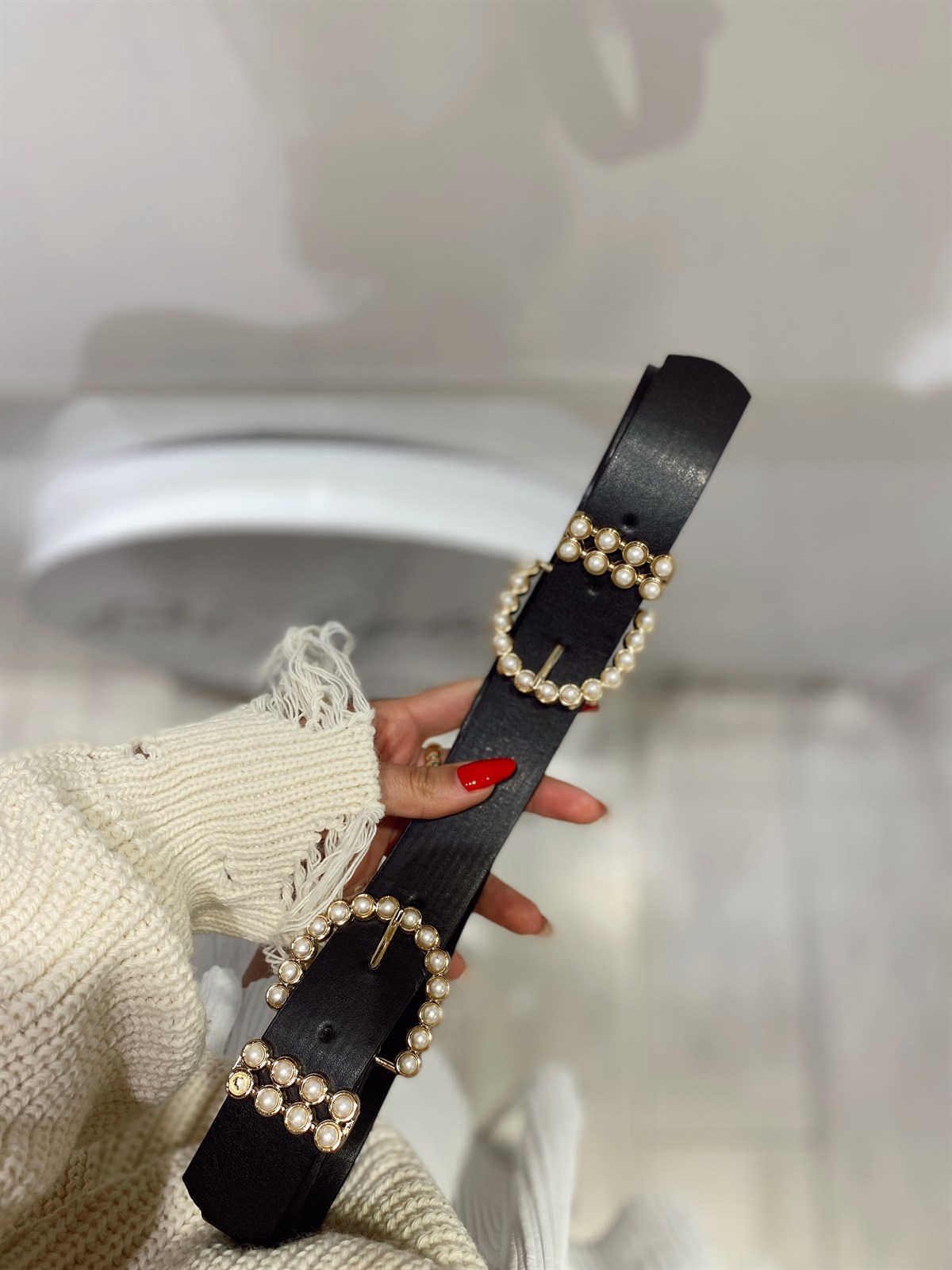 Siyah Cift Taraflı İncili Kemer