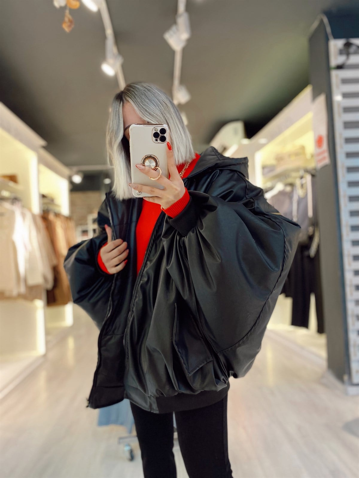 Siyah Çift Taraflı Oversize Mont
