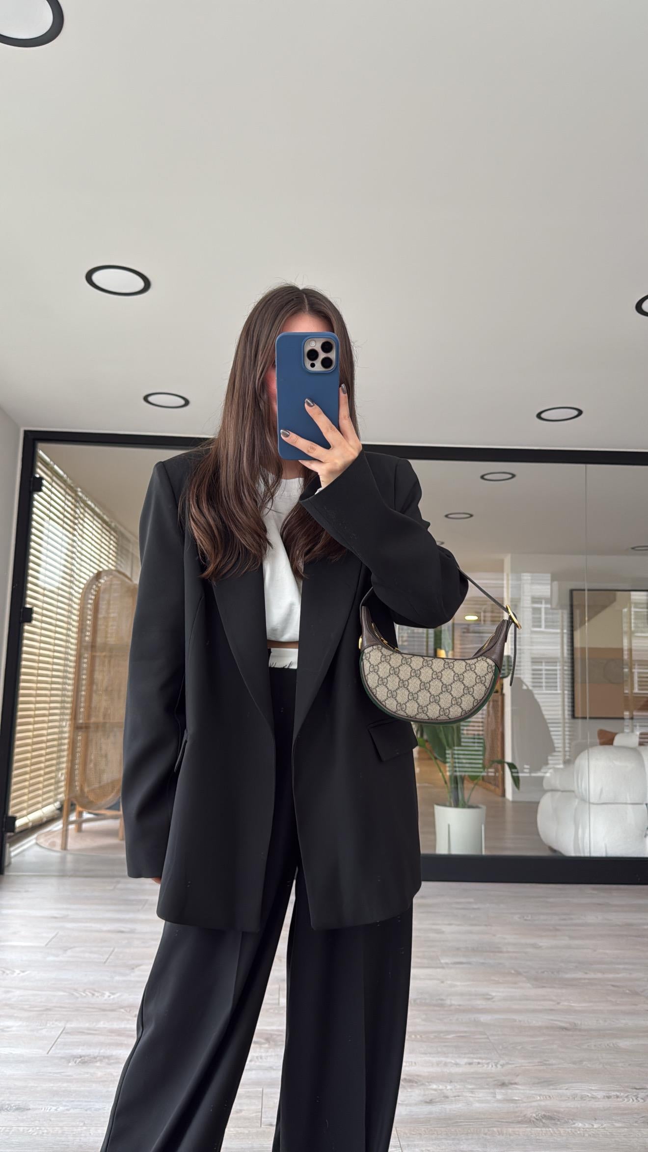Siyah Çizgili Astarlı Blazer Ceket 