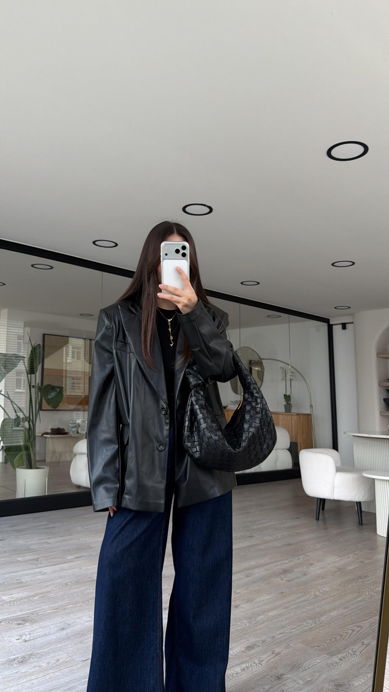 Siyah Deri Çift Düğmeli Blazer Ceket 