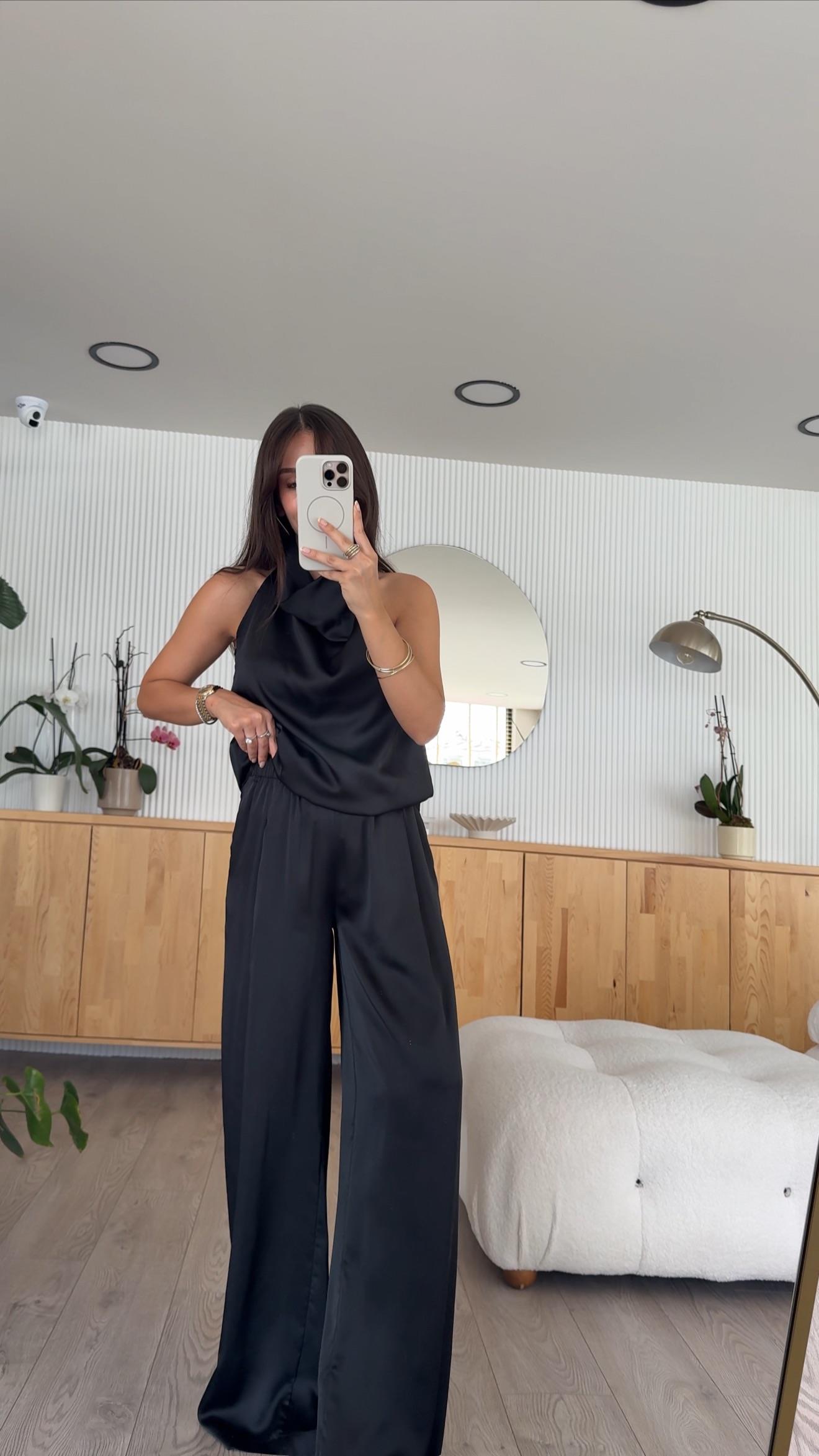 Siyah Drapeli Halter Yaka Pantolon Takım