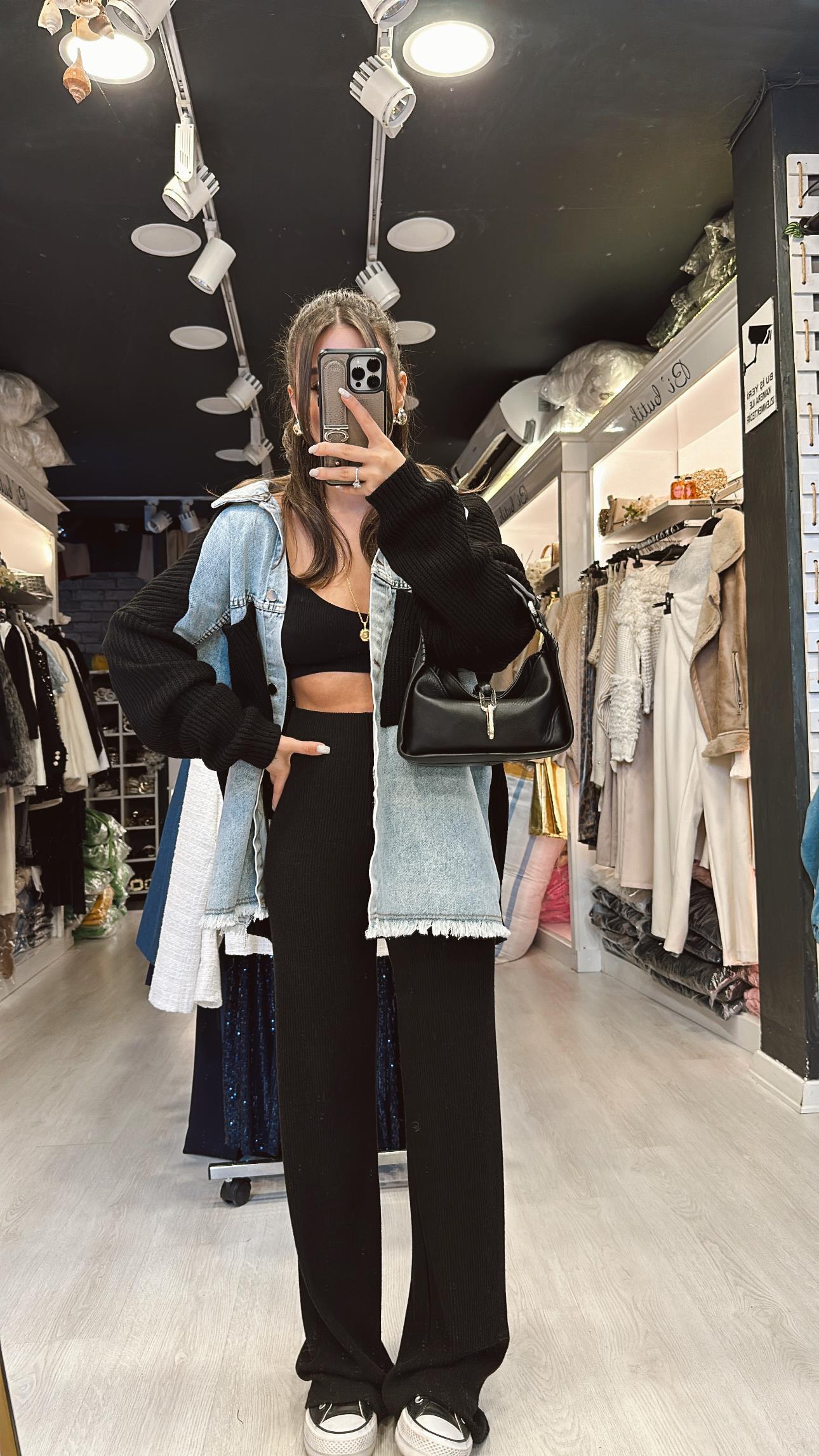 Siyah Fitilli Beli Lastikli Bol Paça Pantolon