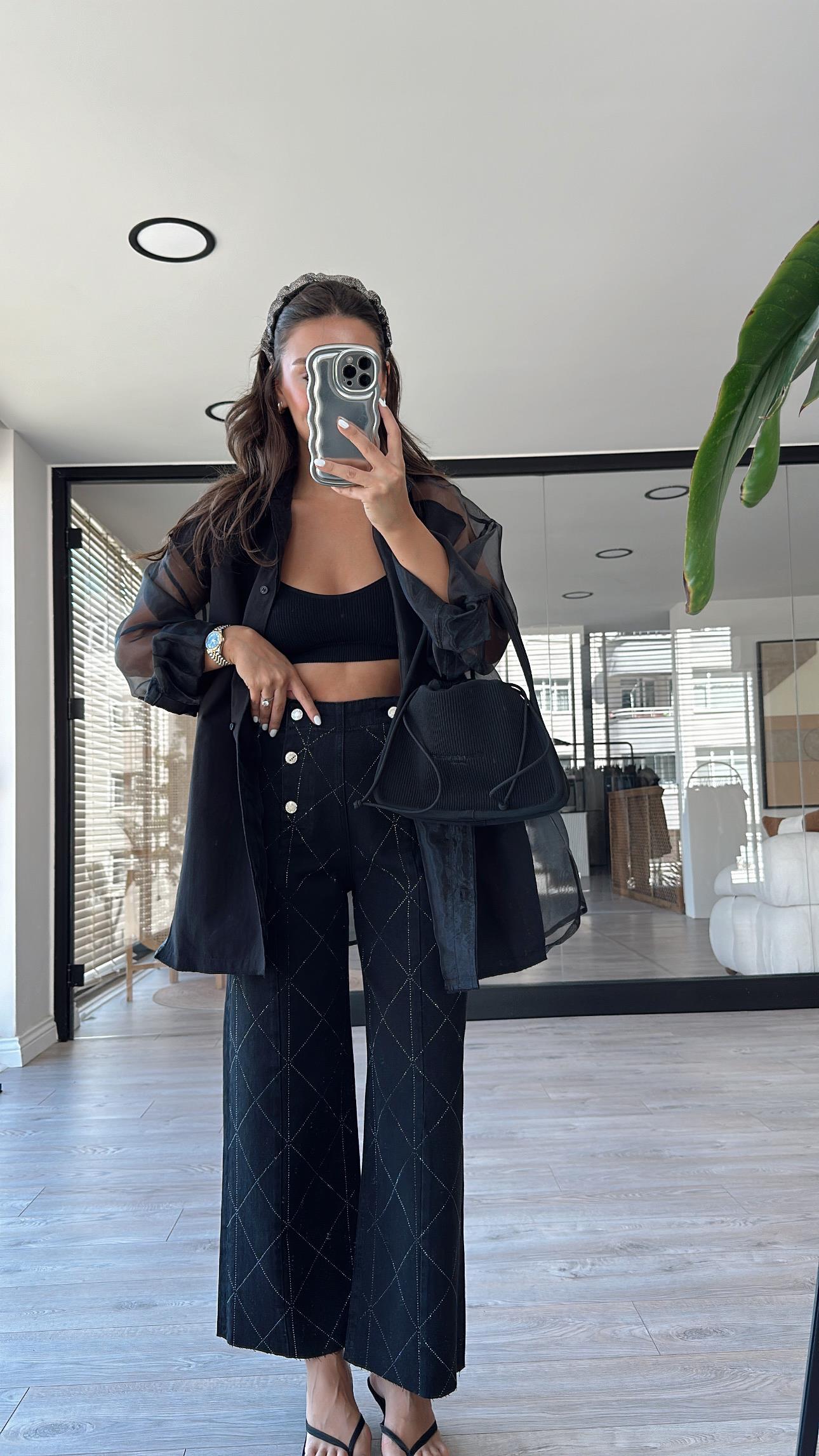 Siyah Geometrik Taşlı Marka Model Jean 