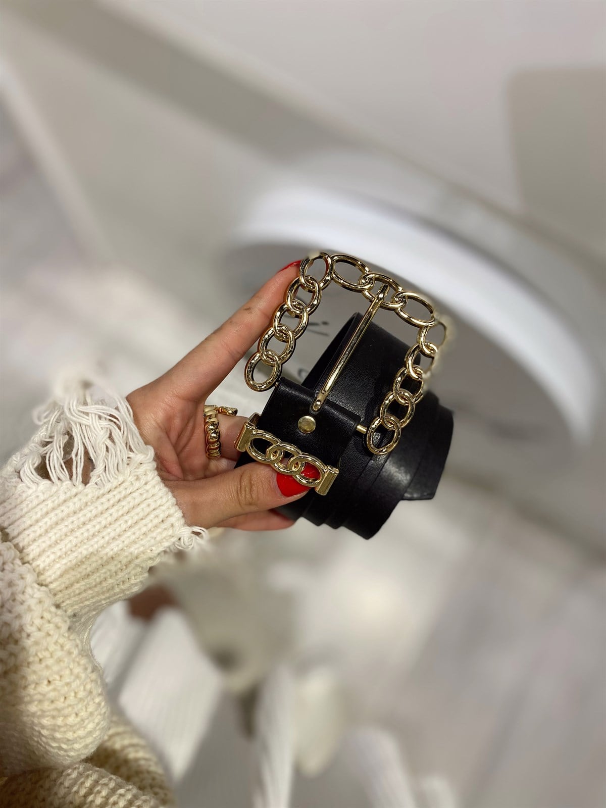 Siyah Gold Kare Geçmeli Kemer