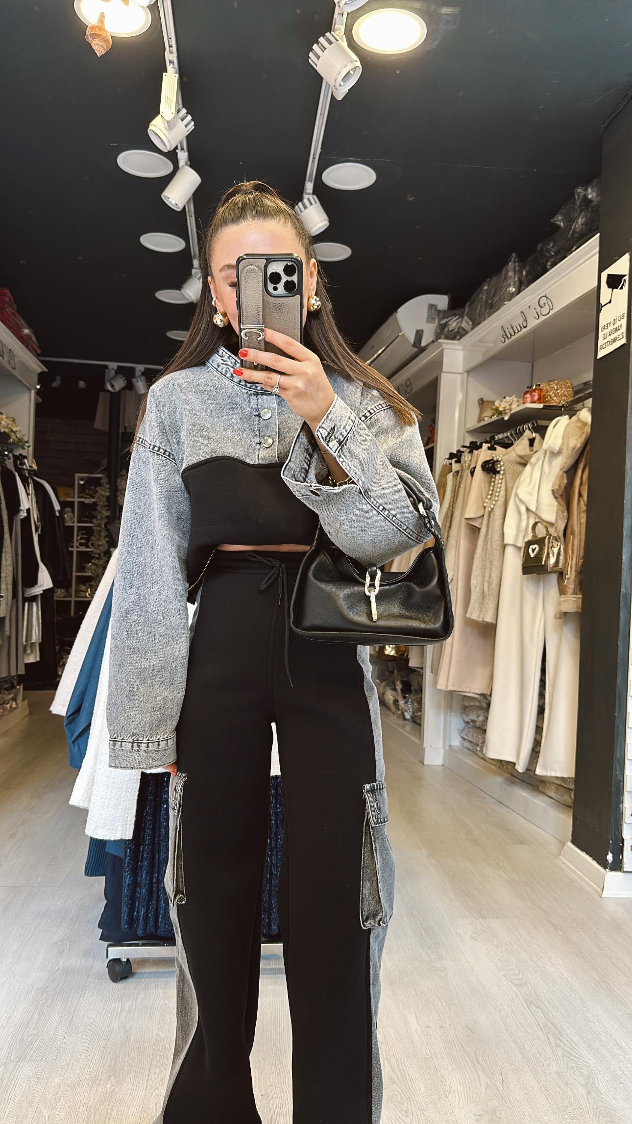 Siyah Gri Jean Detaylı Fermuarlı Sweat Takım