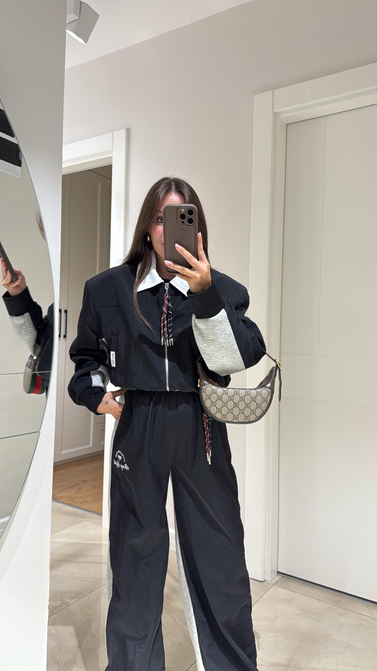 Siyah Gri Şeritli Charmlı Bomber Ceket