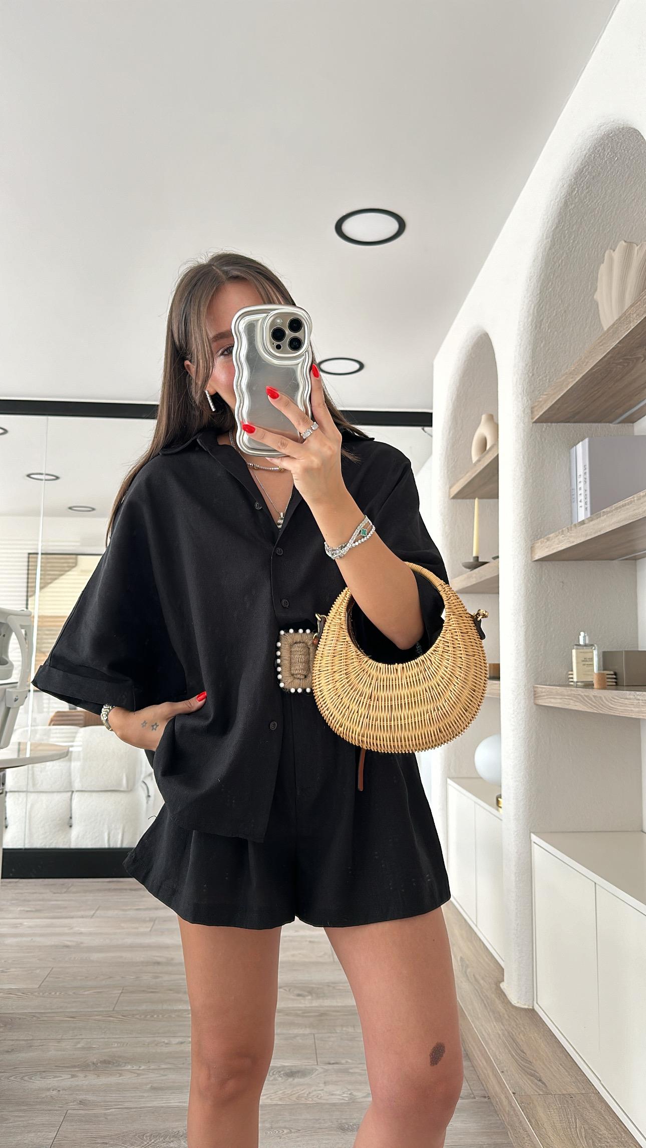 Siyah Hasır Kemerli Keten Şort Takım