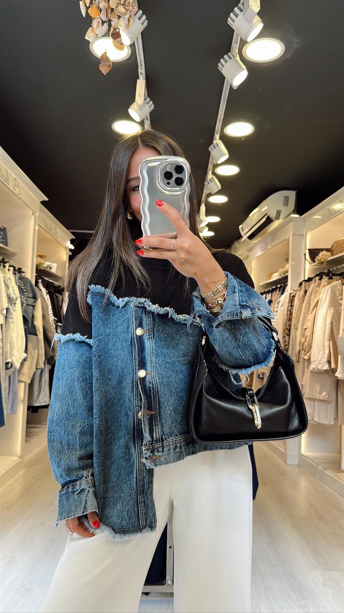 Siyah Jean Detaylı Düğmeli Sweat