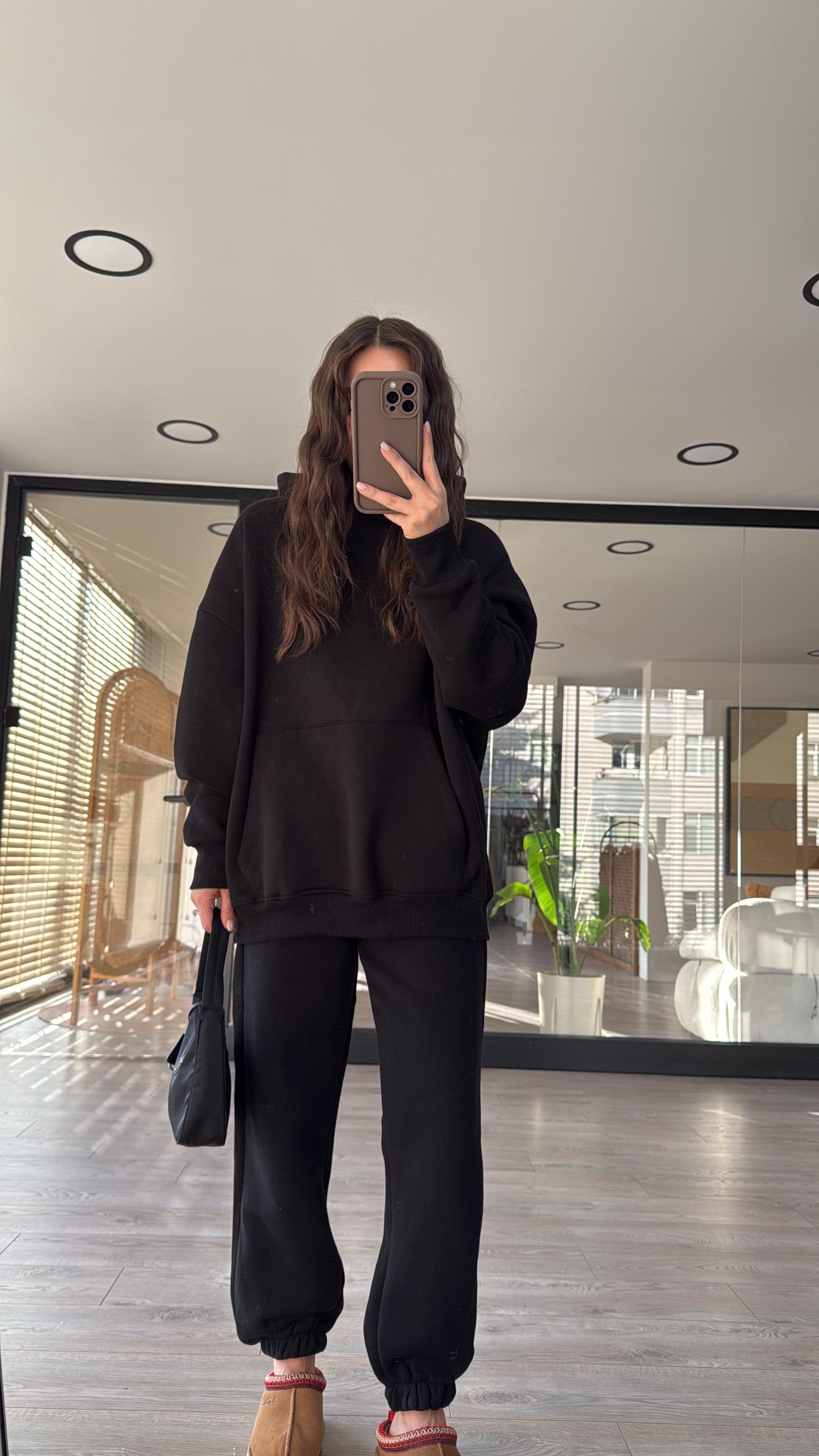 Siyah Kapüşonlu Marka Model Sweat Takım