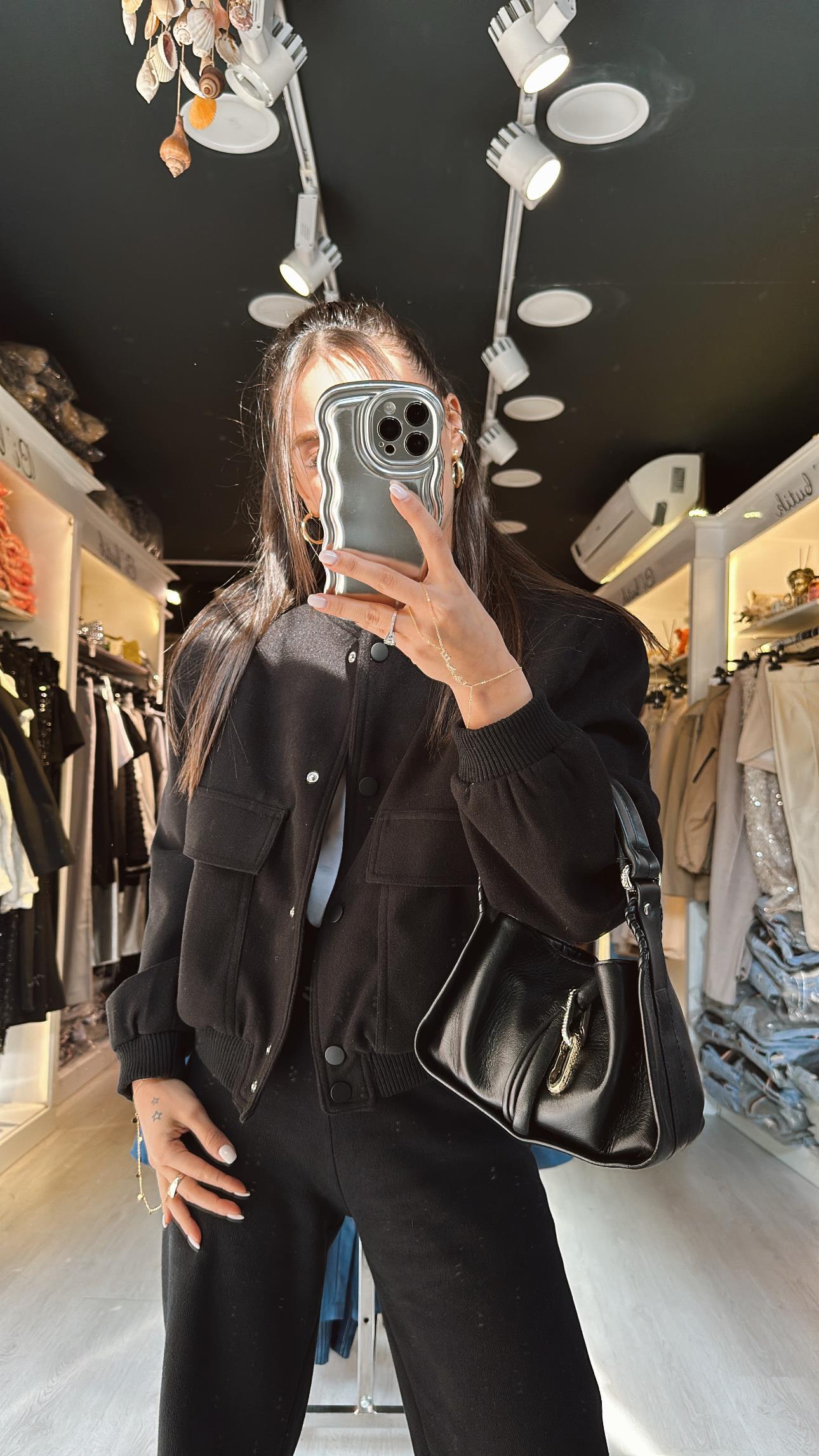 Siyah Kaşe Bomber Ceket 