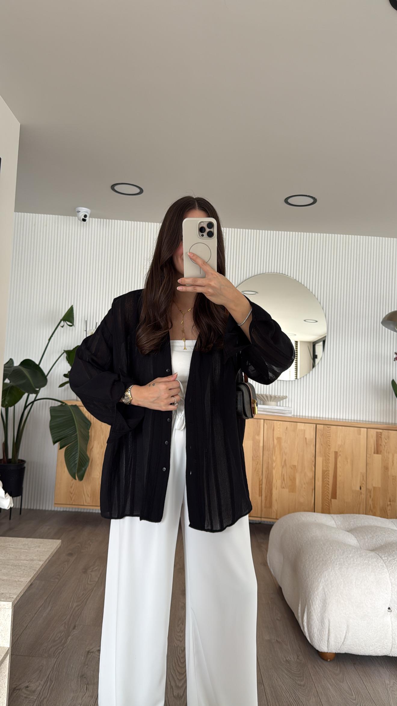 Siyah Kendinden Desenli Transparan Gömlek