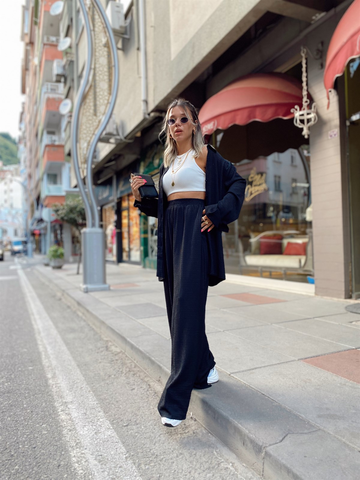 Siyah Krinkıl Kumaş Gömlek Takım