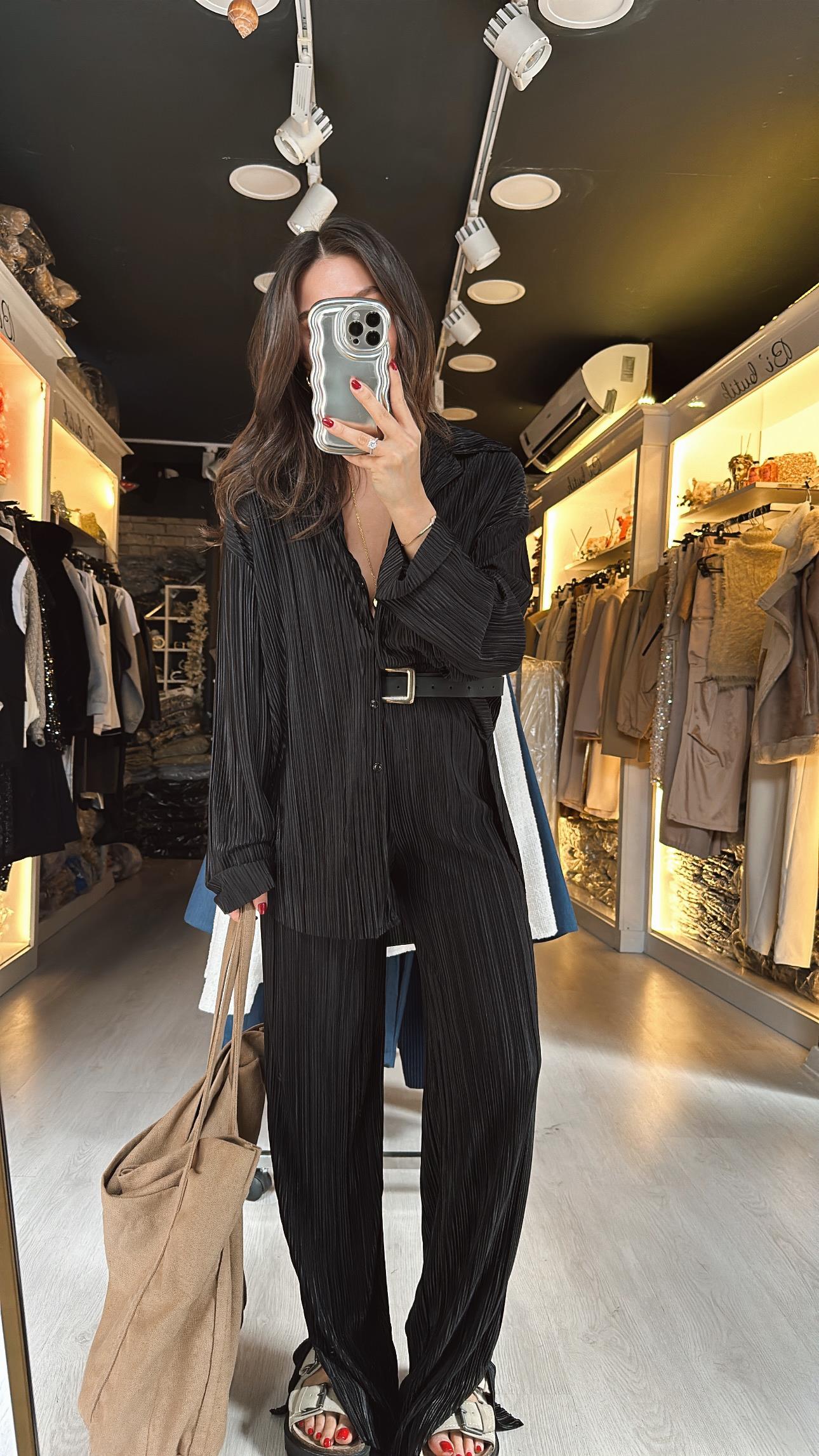 Siyah Krinkıl Kumaş Gömlek Takım