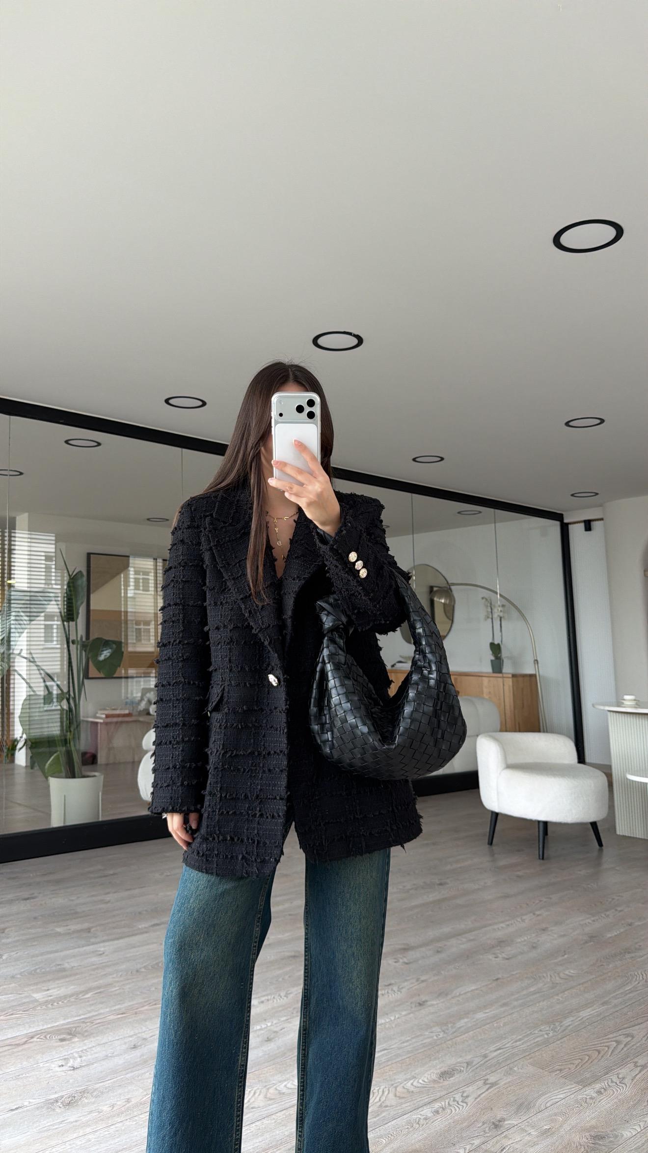 Siyah Kruvaze Yaka Tüvit Blazer Ceket 