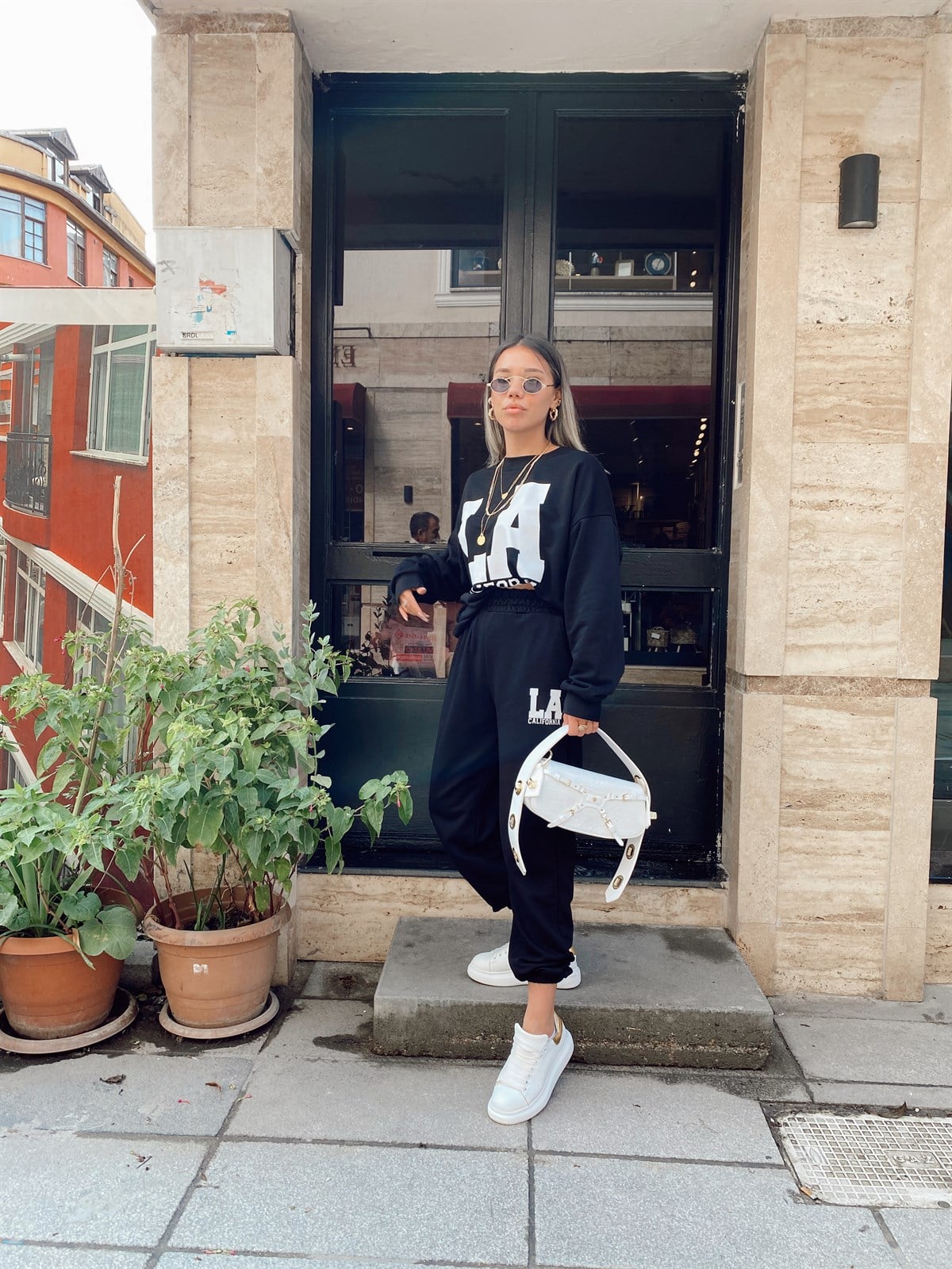 Siyah LA Baskılı Sweat Takım