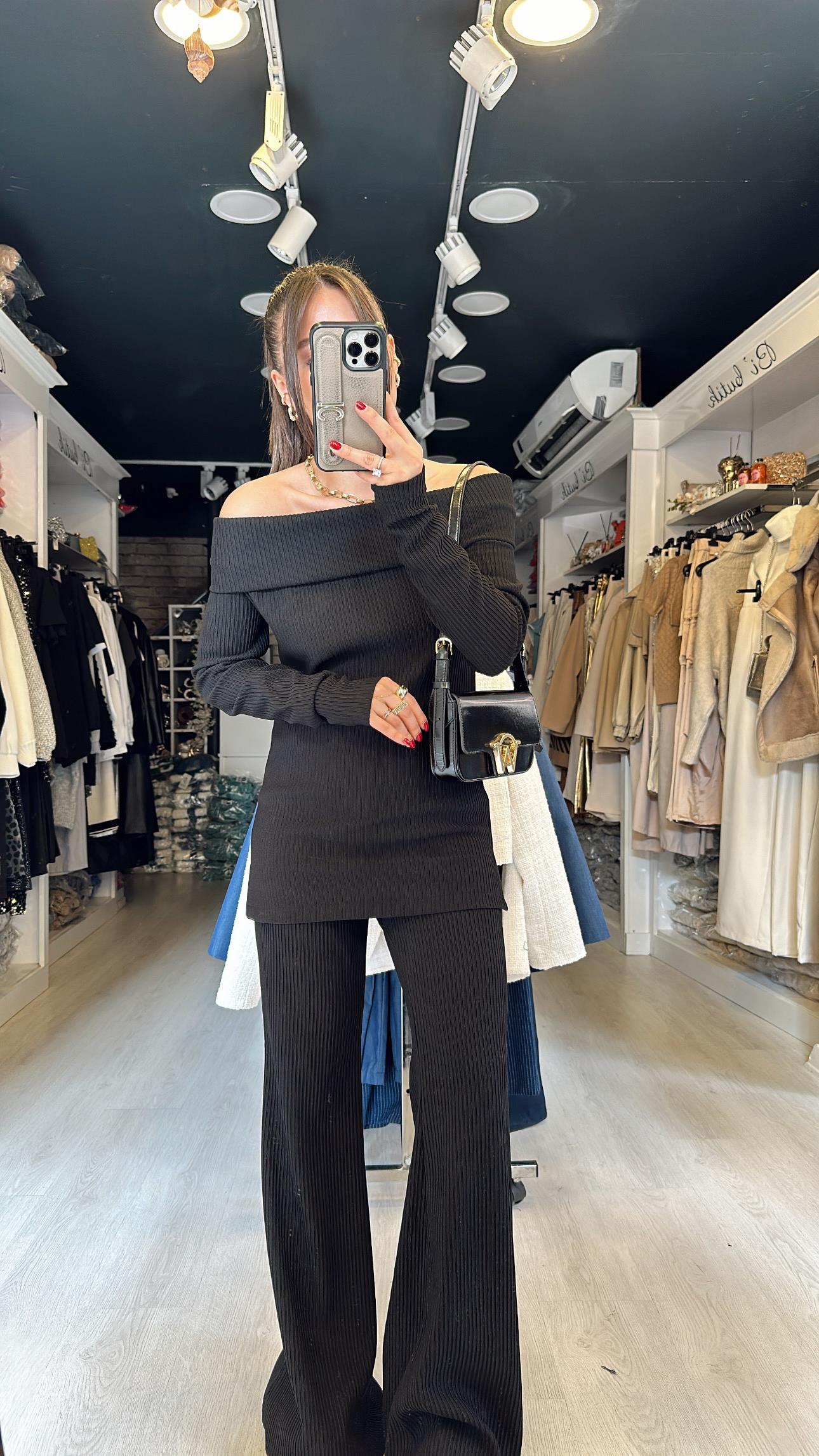 Siyah Madonna Yaka İspanyol Paça Fitilli Takım 