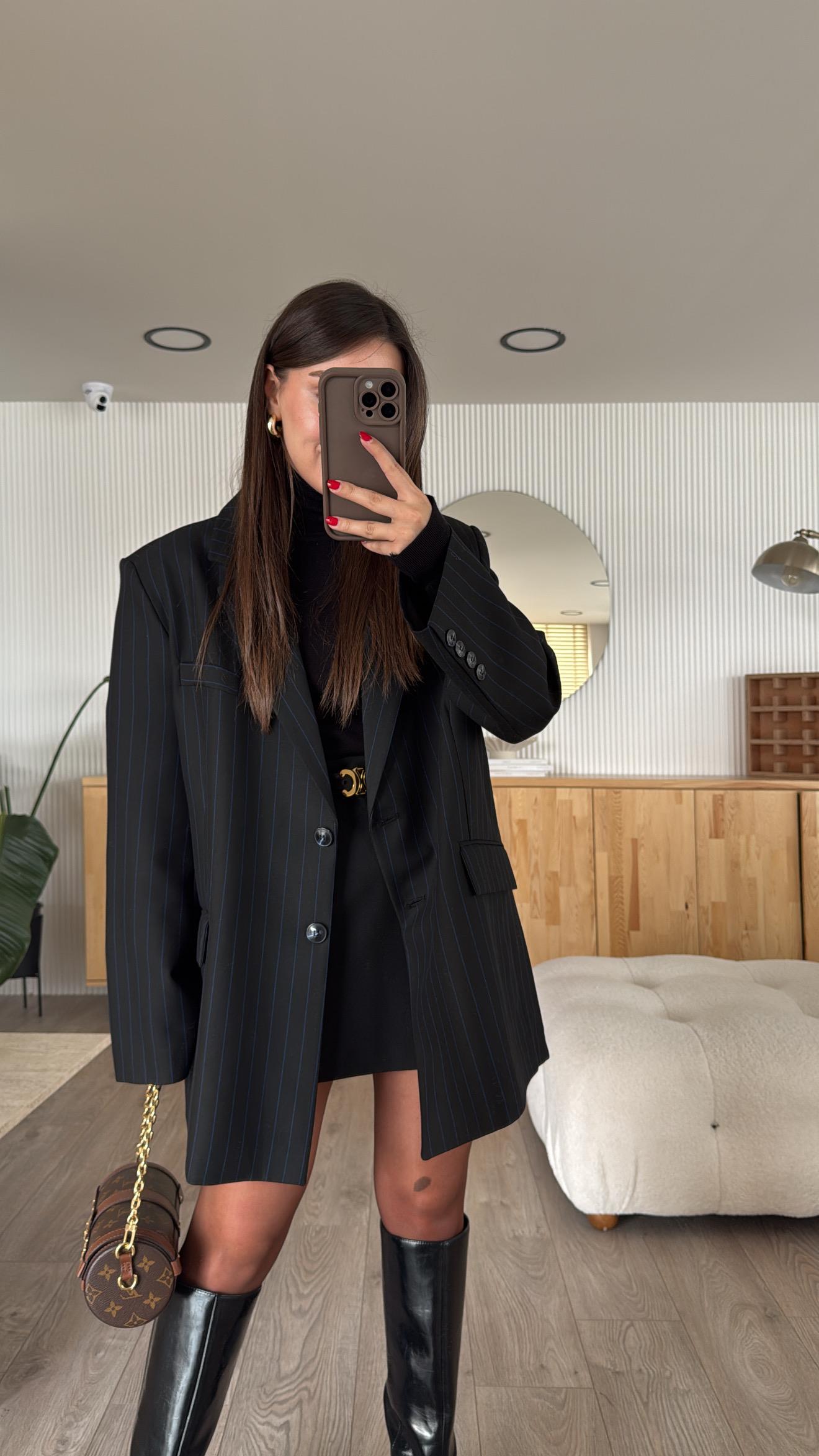 Siyah Mavi Dik Çizgili Oversize Blazer Ceket 