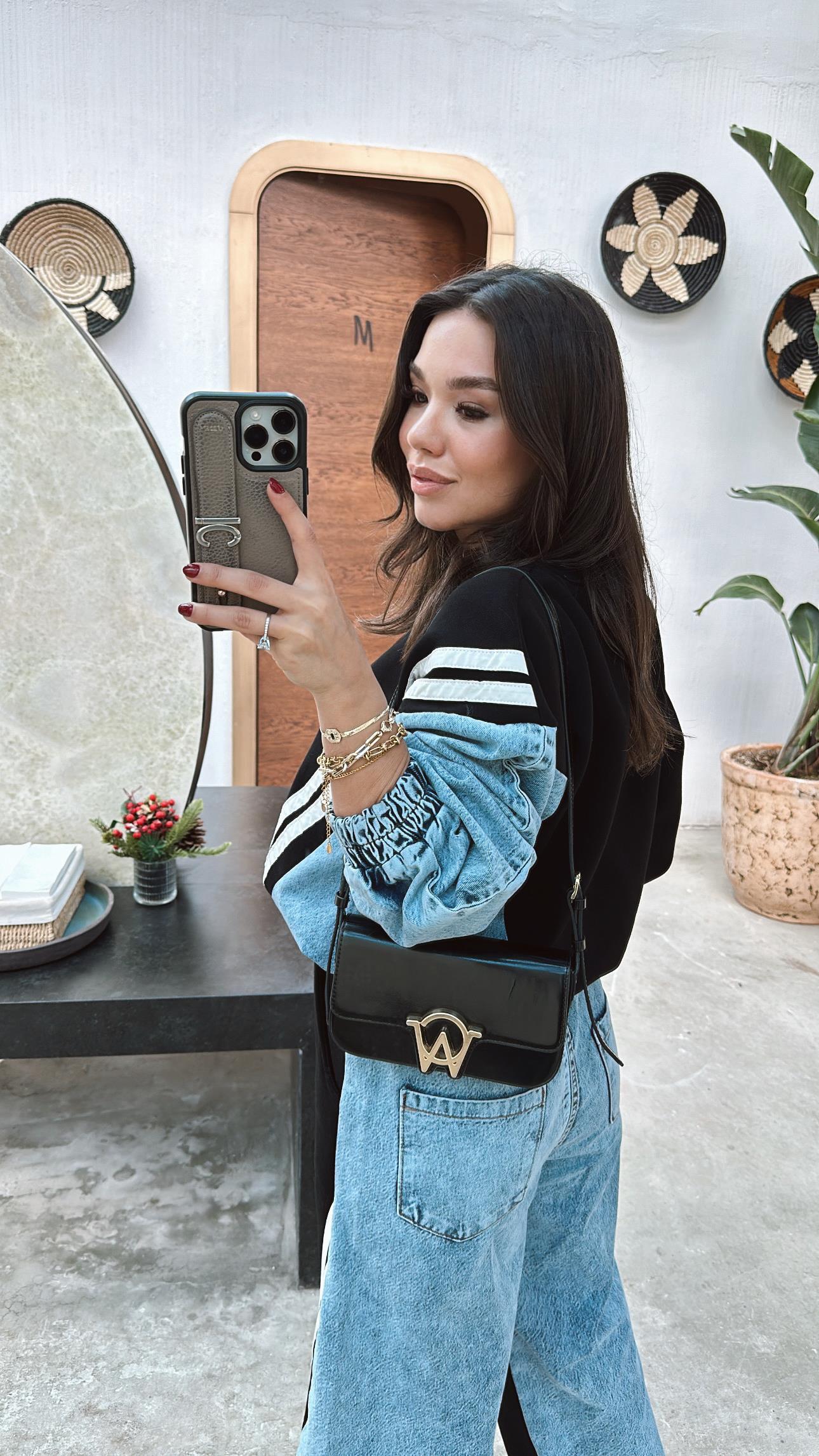 Siyah Mavi Jean Detaylı Beli Lastikli Sweat Takım