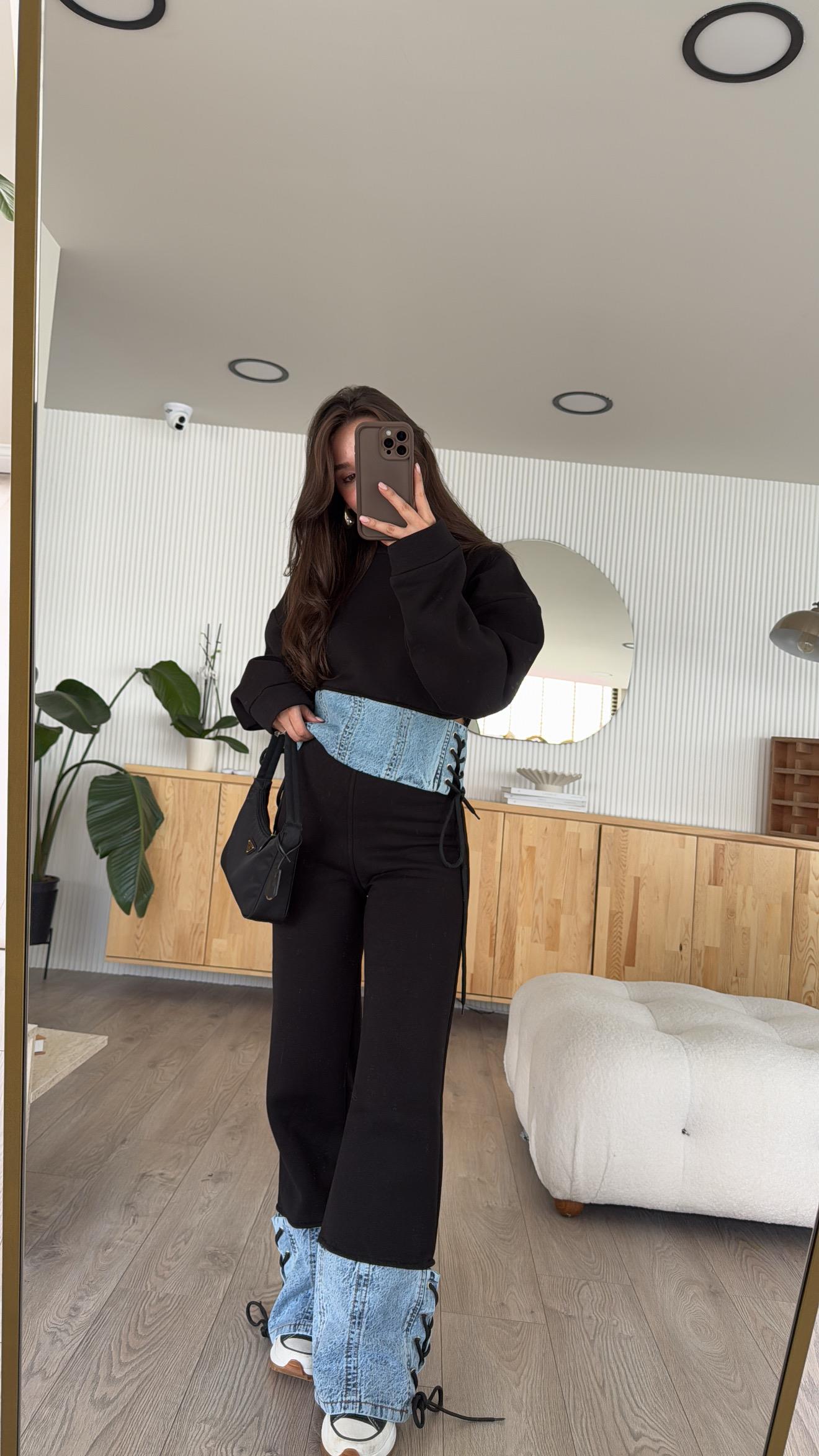 Siyah Mavi Jean Detaylı Kapüşonlu Sweat Takım