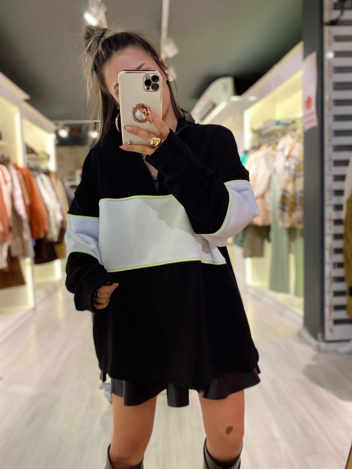 Siyah Neon Geçişli Fermuarlı Sweat 