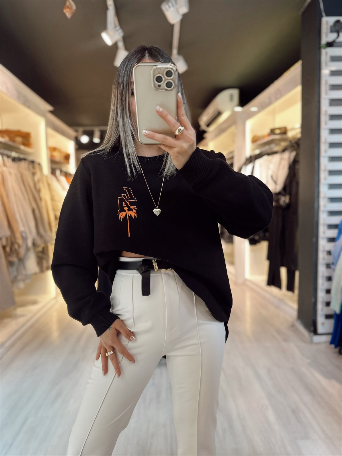 Siyah Önü Kısa Arkası Uzun LA Baskılı Oversize Sweat