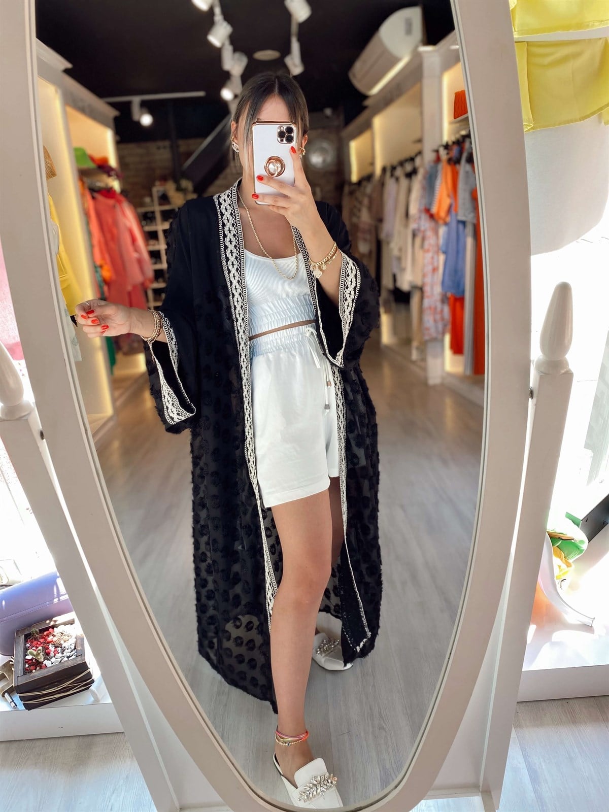 Siyah Örgü Detatylı İp Saçaklı Keten Kimono