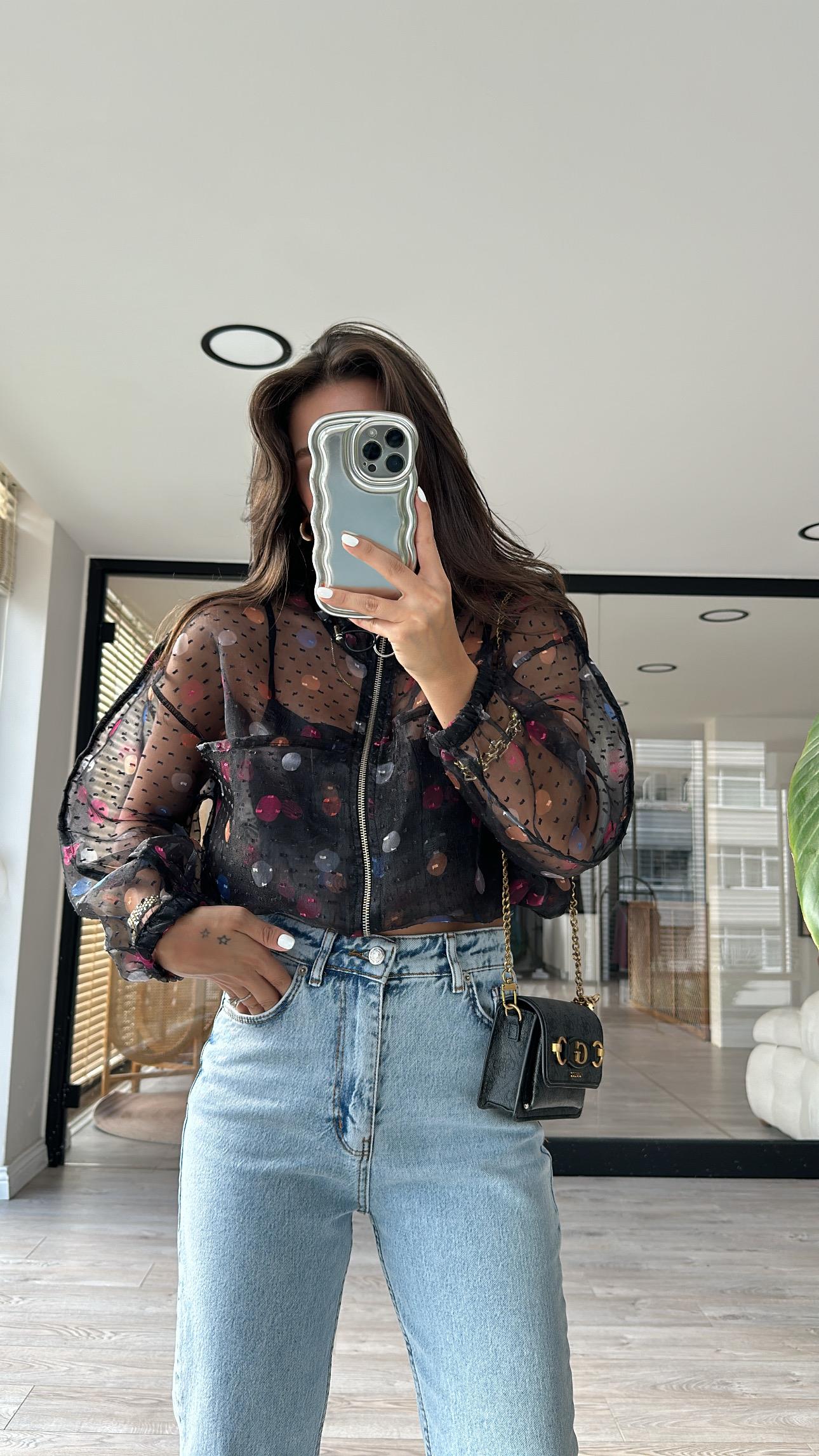 Siyah Puantiyeli Transparan Ceket