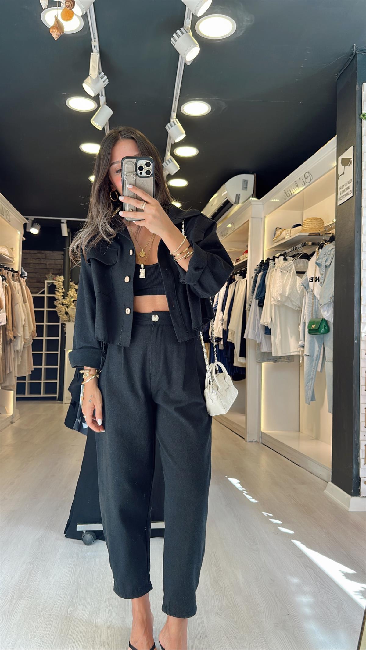 Siyah Renk Crop Keten Takım