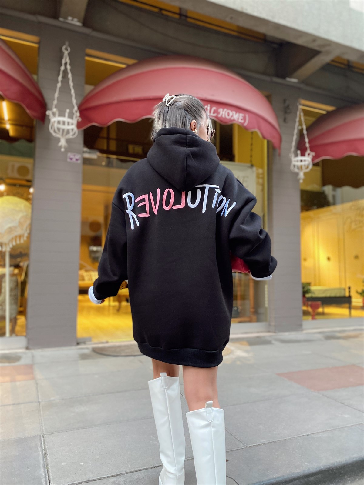 Siyah Sırt Revolution Baskılı Kapşonlu Sweat