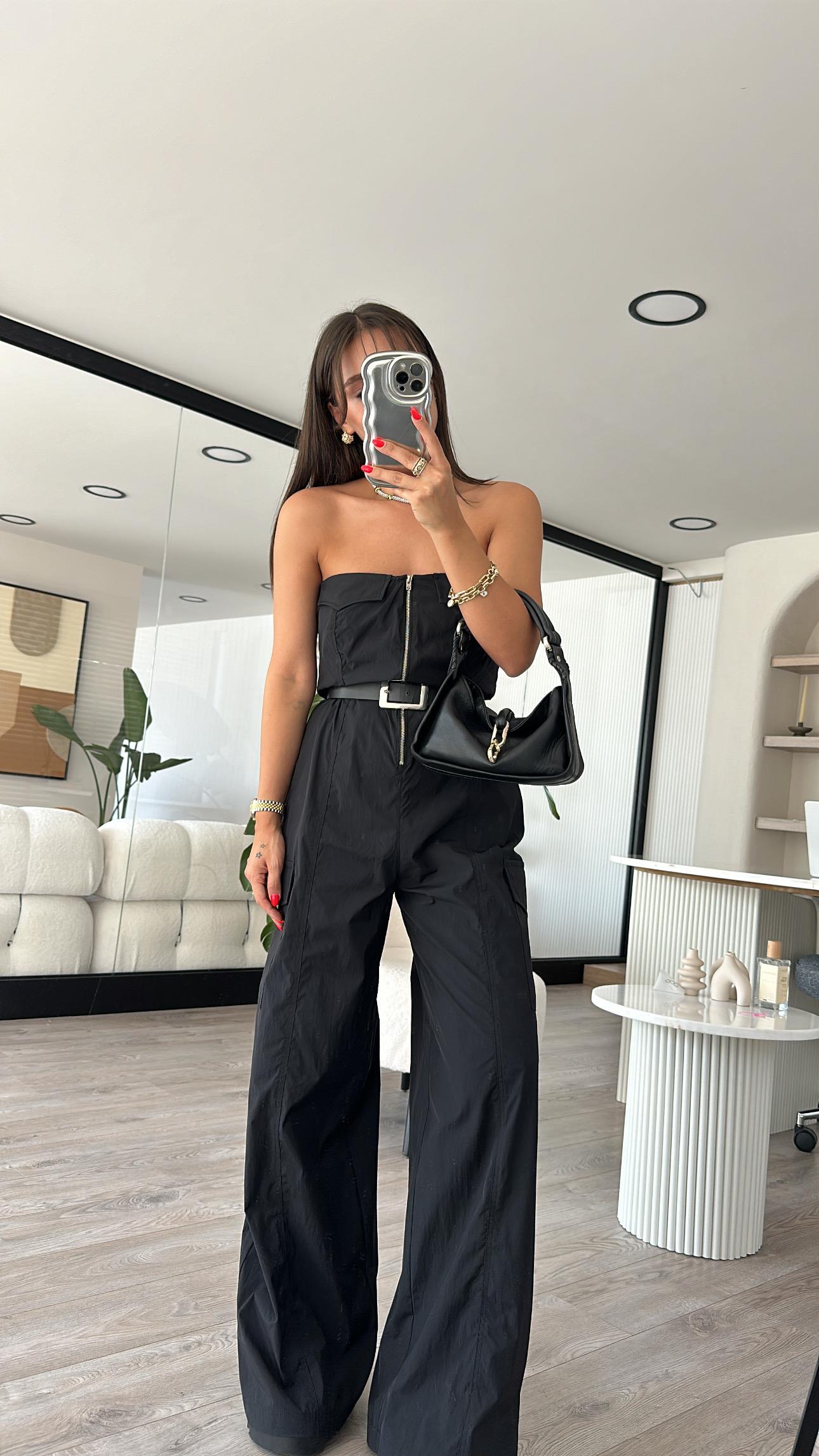 Siyah Straplez Paraşüt Kumaş Tulum