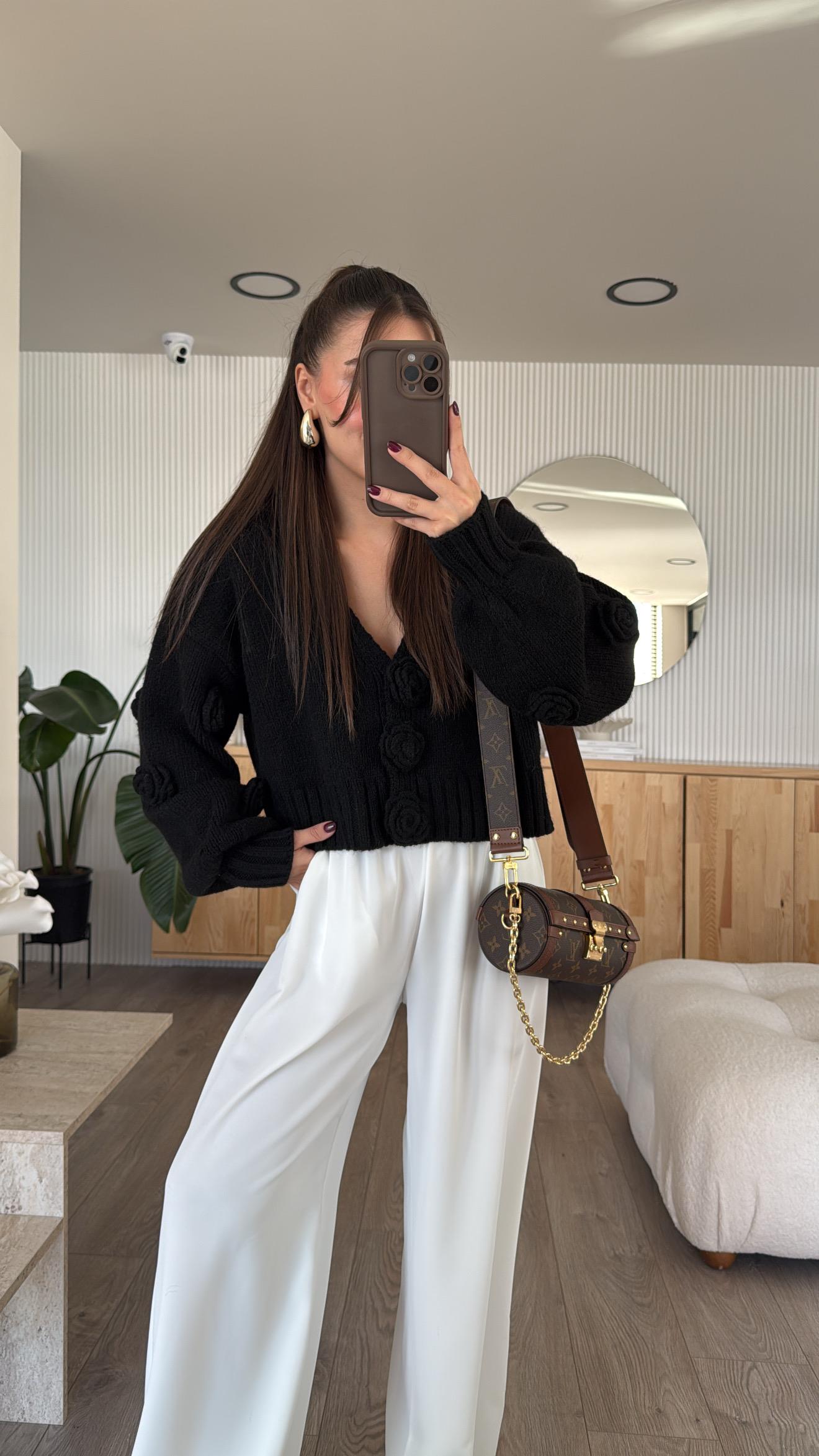 Siyah V Yaka Gül Nakışlı Balon Kol Dilvin Hırka 