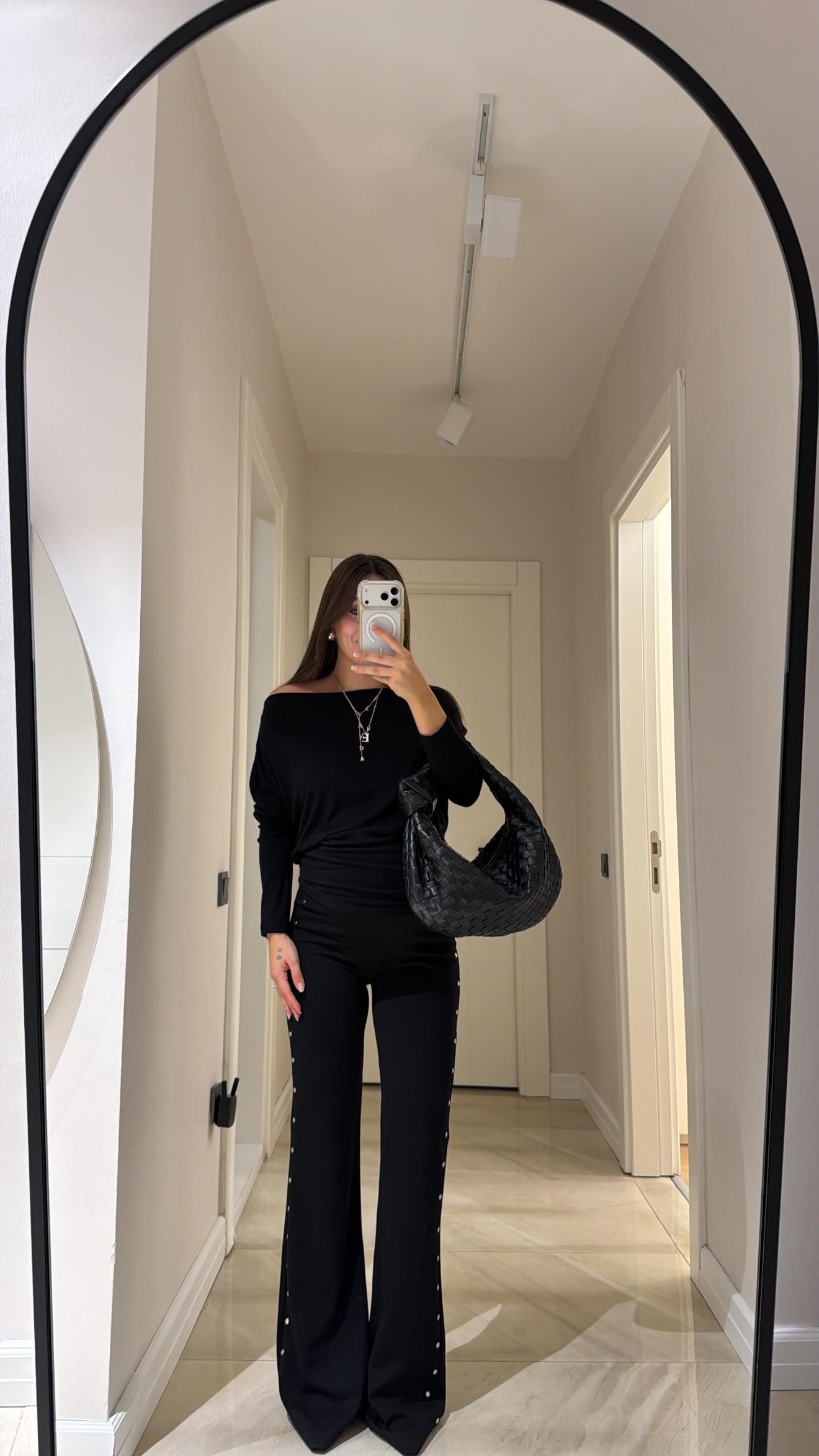 Siyah Yan Zımbalı İspanyol Paça Tayt 