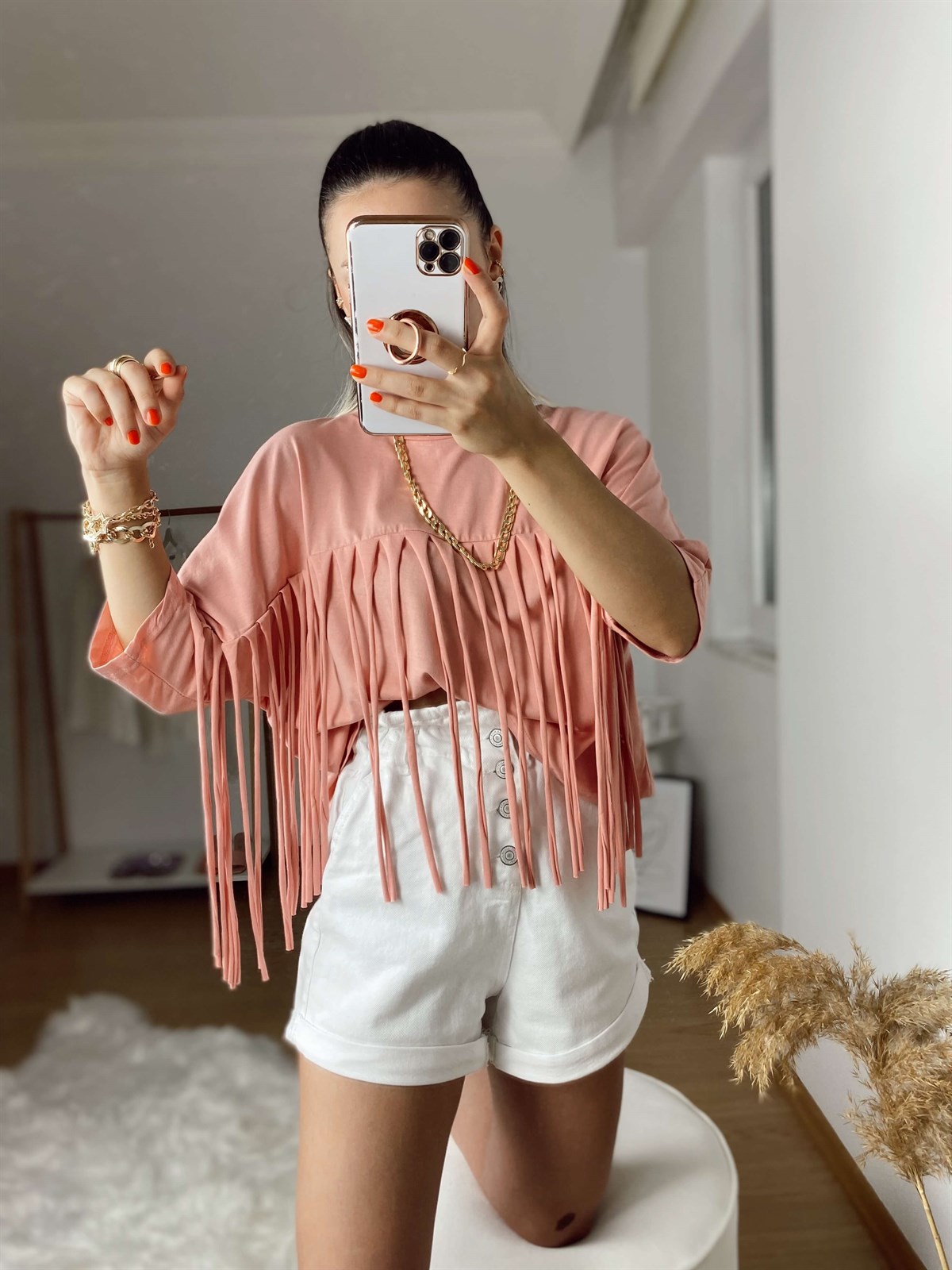 Somon Rengi İp Saçaklı Tshirt