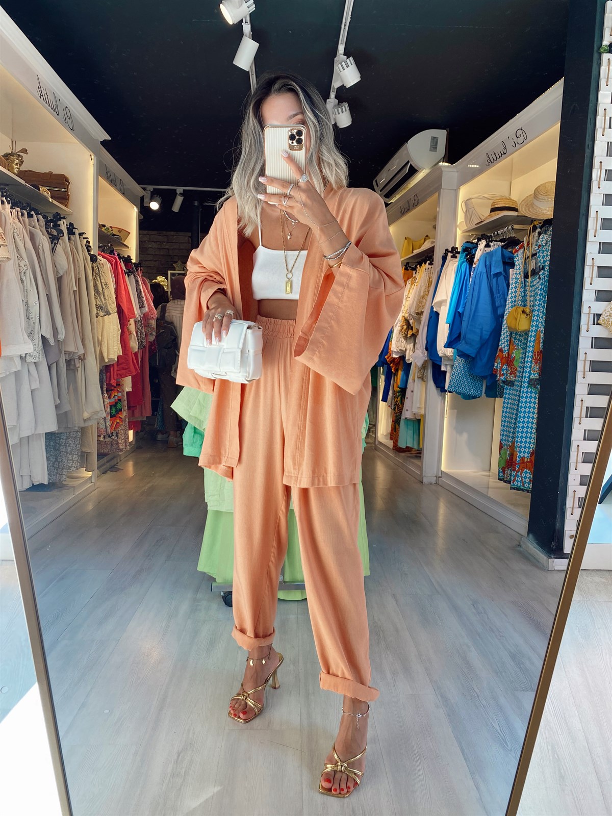 Somon Renk Kimono Keten takım 