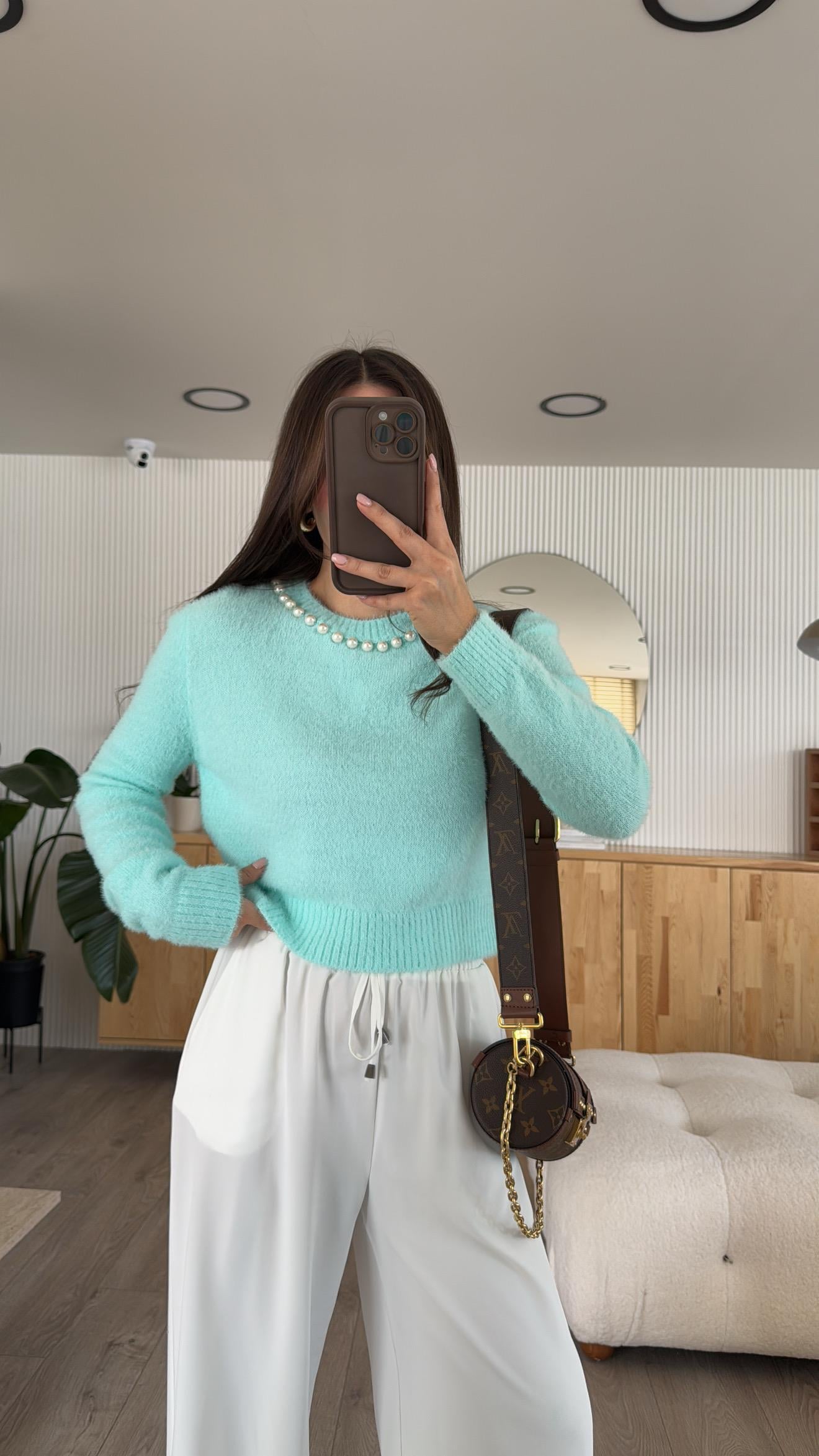Su Yeşili İnci Detaylı Kazak