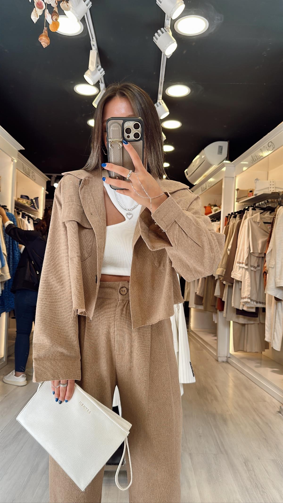 Sütlü Kahve Crop Keten Takım