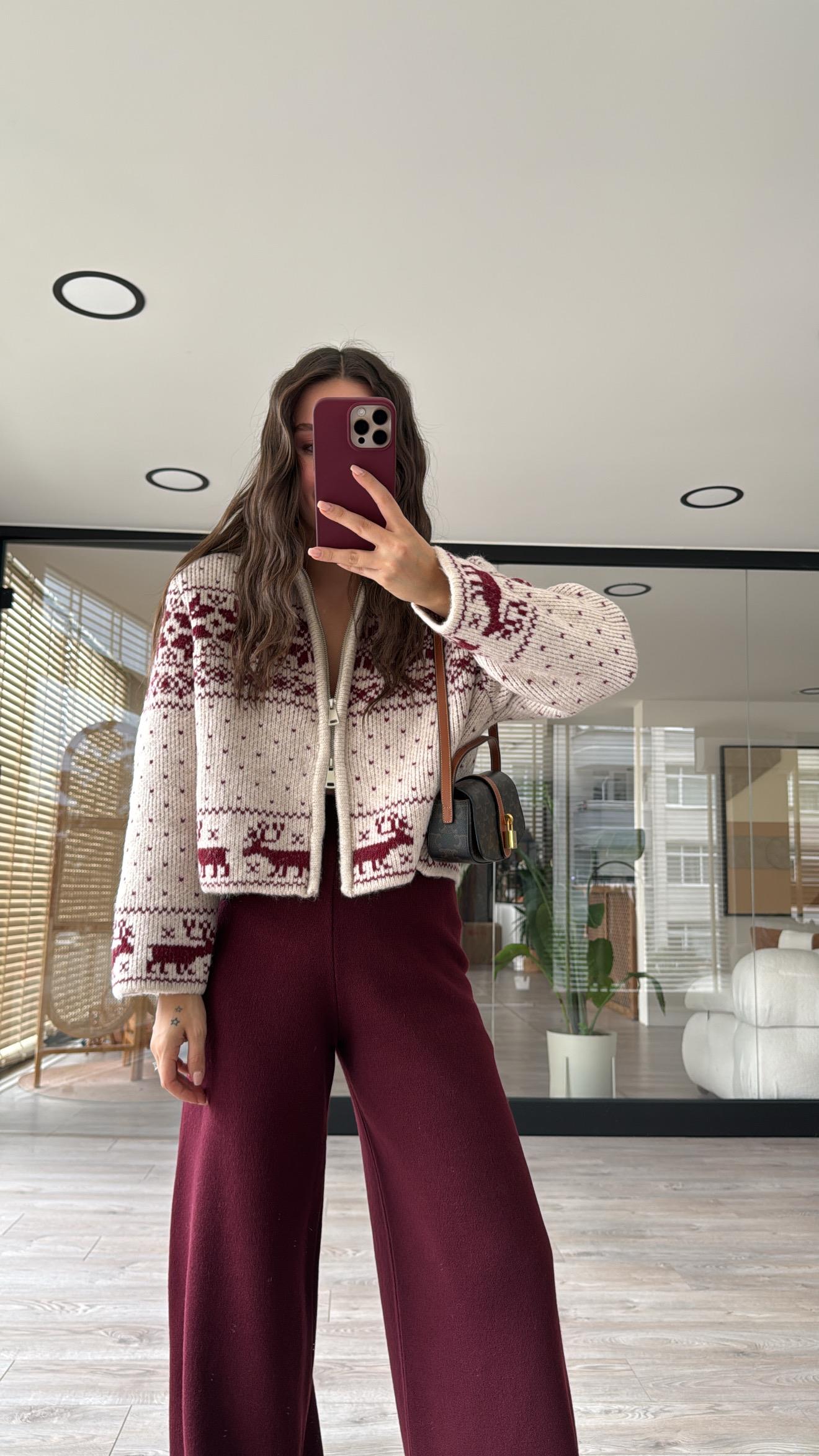 Taş Bordo Çift Fermuarlı Figürlü Triko Hırka