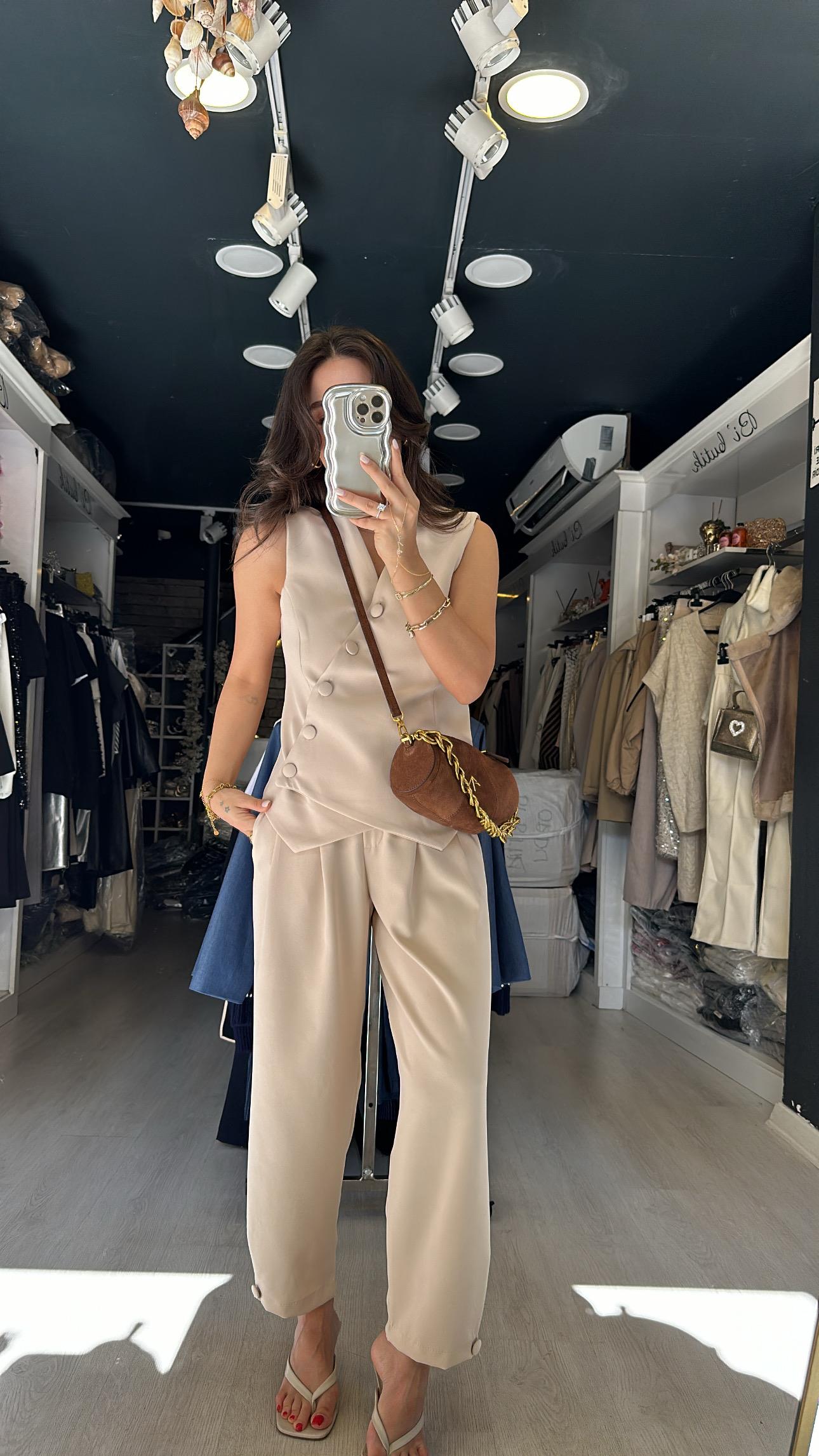 Taş Çapraz Düğmeli  Şalvar Pantolon Takım