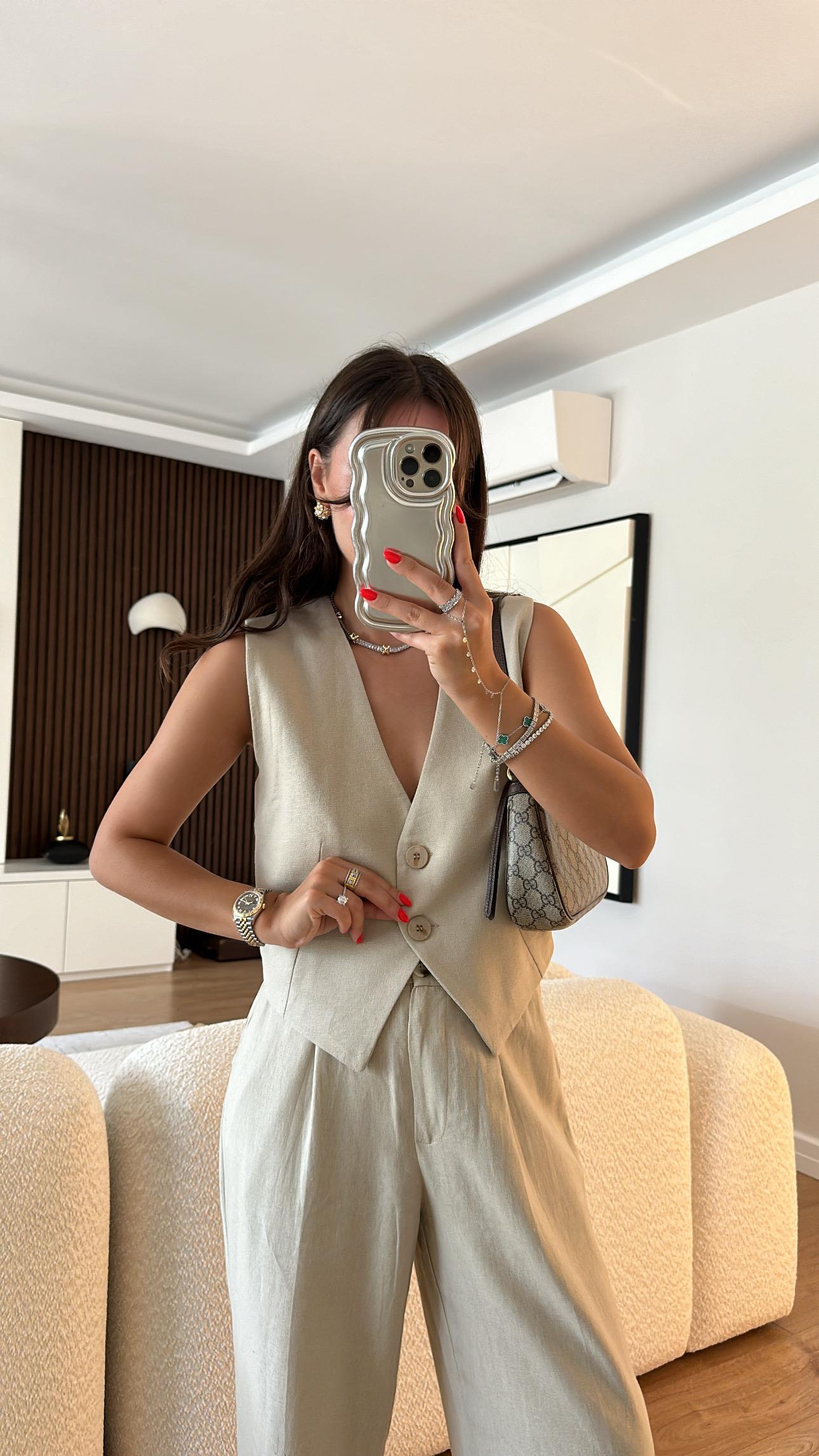 Taş Çift Düğmeli Keten Yelek