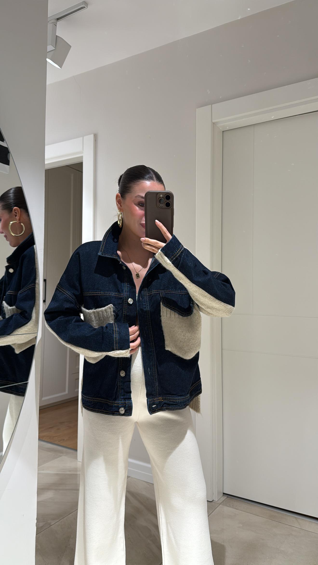 Taş Denim Detaylı Ön Cepli Triko Ceket