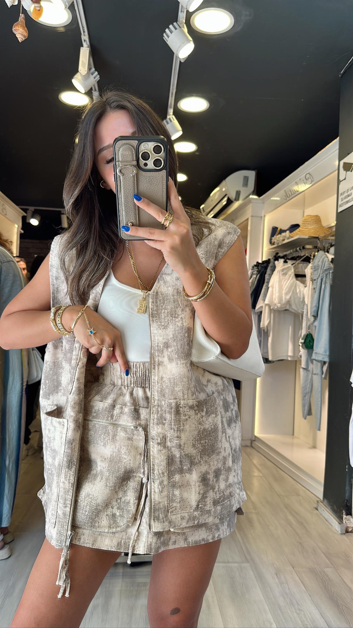 Taş Haki Batik Desenli Ön Cepli Etek 