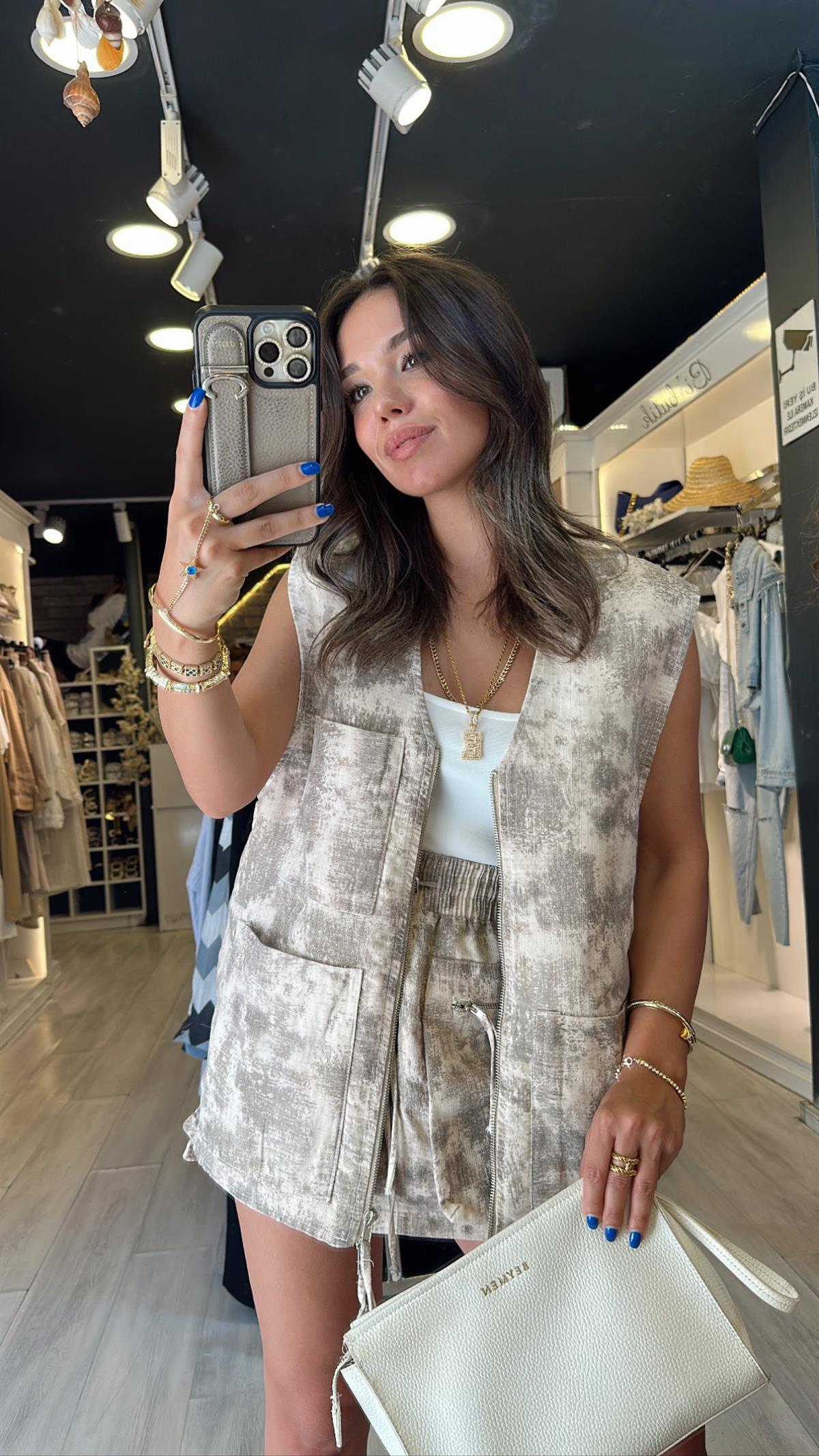 Taş Haki Batik Desenli Ön Cepli Yelek