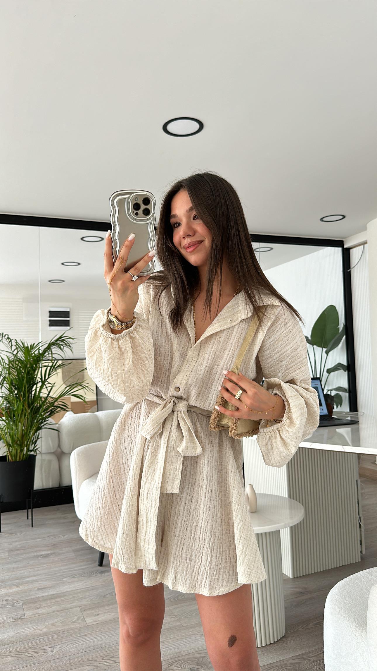 Taş Ön Düğmeli Kuşaklı Şortlu Tulum