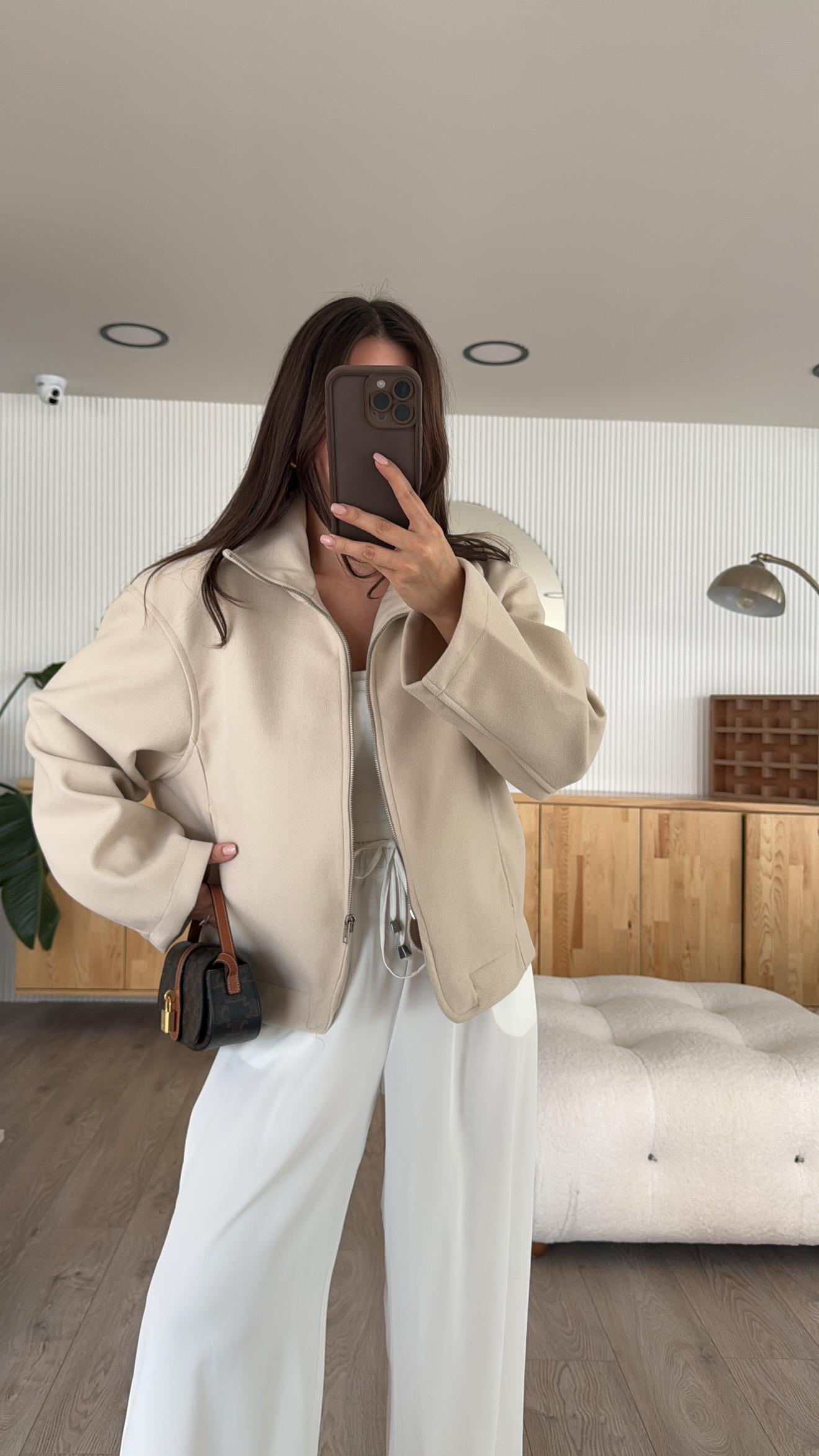 Taş Ön Fermuarlı Dik Yaka Marka Model Kaşe Ceket 