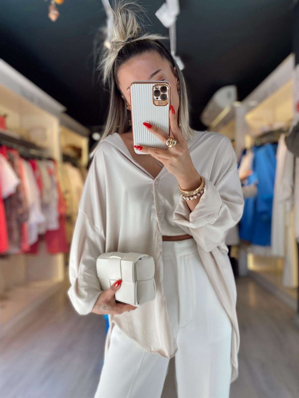 Taş Oversize Saten Gömlek 