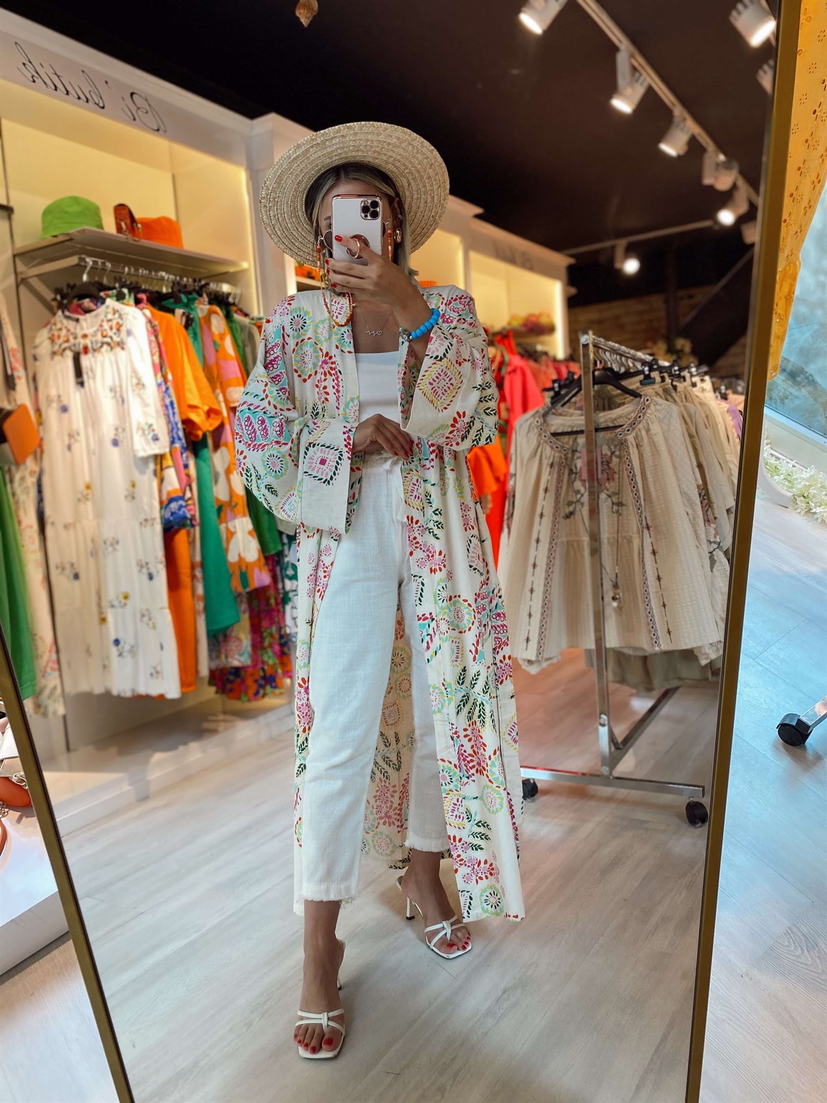 Taş Rengi  Desenli Kuşaklı Keten Kimono