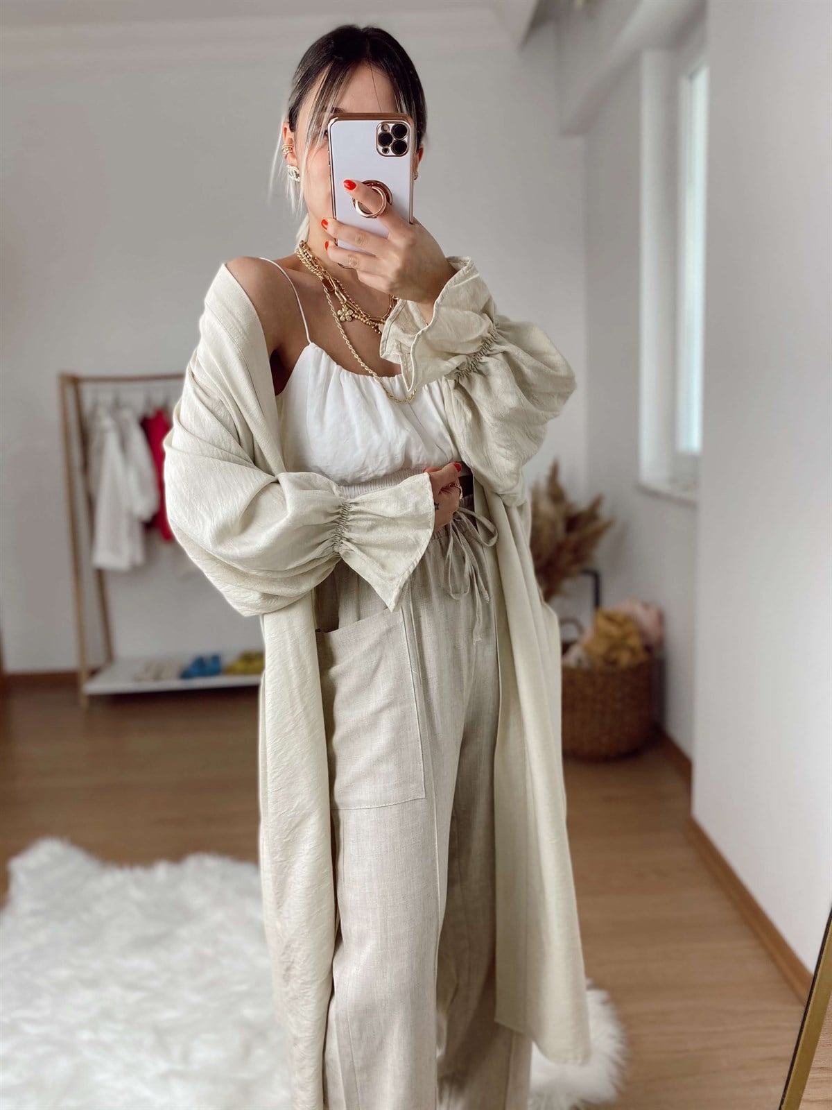 Taş Rengi Kuşaklı Kimono