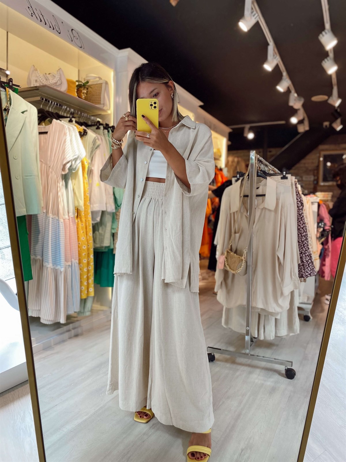 Taş Rengi Uzun Kollu Keten Takım